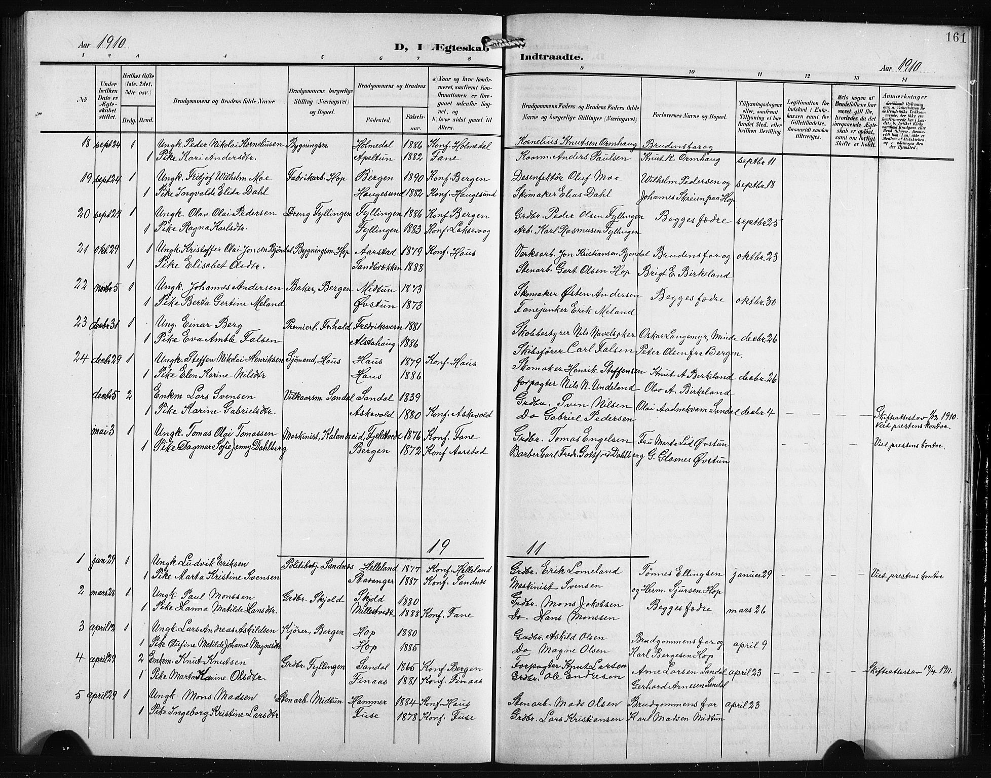 Birkeland Sokneprestembete, SAB/A-74601/H/Hab: Parish register (copy) no. A 6, 1906-1915, p. 161