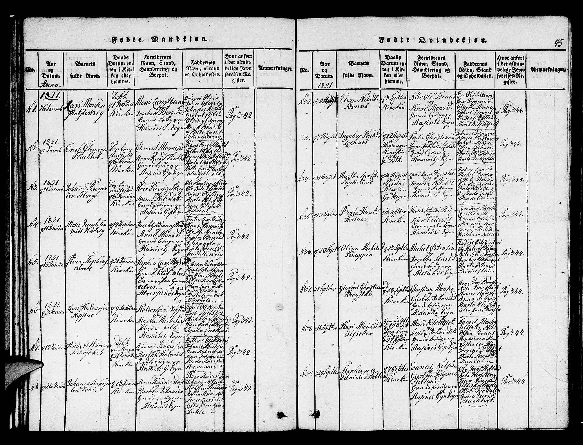 Hamre sokneprestembete, AV/SAB-A-75501/H/Ha/Hab: Parish register (copy) no. A 1, 1816-1826, p. 45