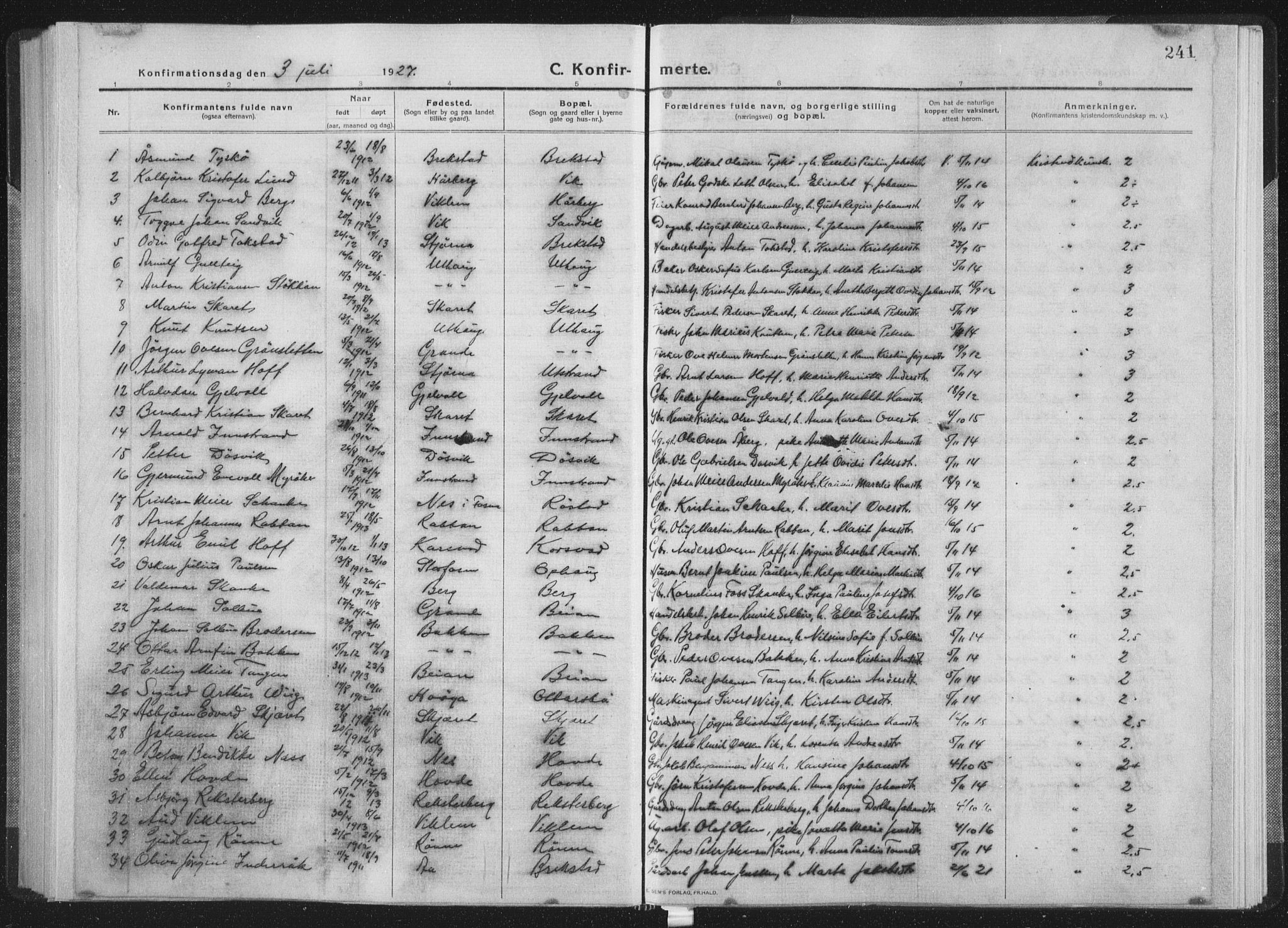 Ministerialprotokoller, klokkerbøker og fødselsregistre - Sør-Trøndelag, SAT/A-1456/659/L0747: Parish register (copy) no. 659C04, 1913-1938, p. 241
