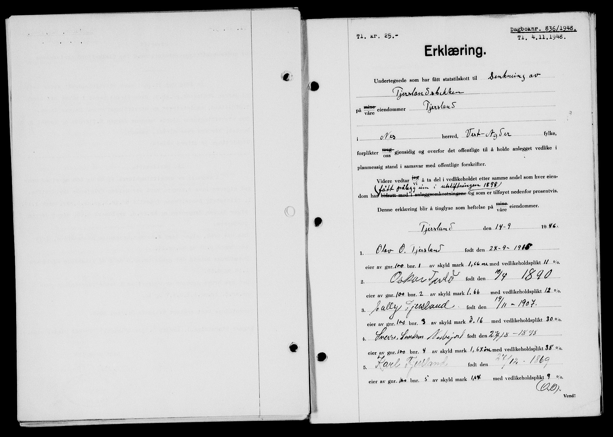Flekkefjord sorenskriveri, SAK/1221-0001/G/Gb/Gba/L0064: Mortgage book no. A-12, 1948-1949, Diary no: : 836/1948