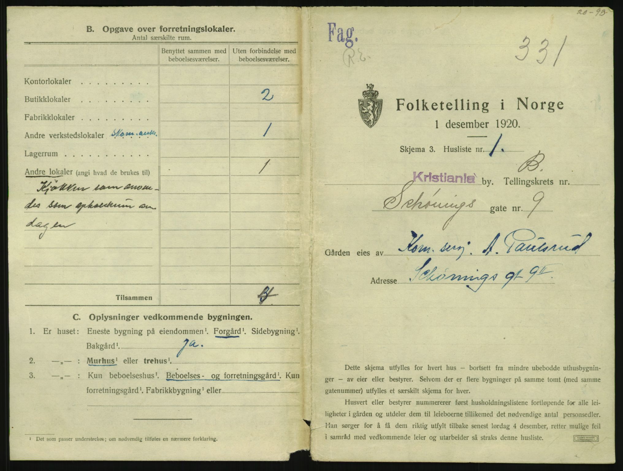 SAO, 1920 census for Kristiania, 1920, p. 93599