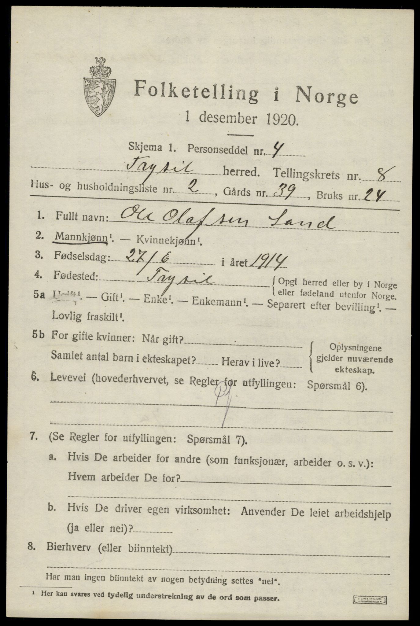 SAH, 1920 census for Trysil, 1920, p. 6239