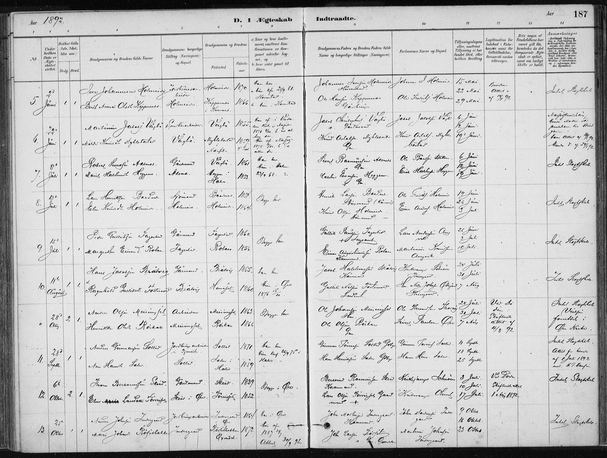 Ministerialprotokoller, klokkerbøker og fødselsregistre - Møre og Romsdal, AV/SAT-A-1454/586/L0987: Parish register (official) no. 586A13, 1879-1892, p. 187