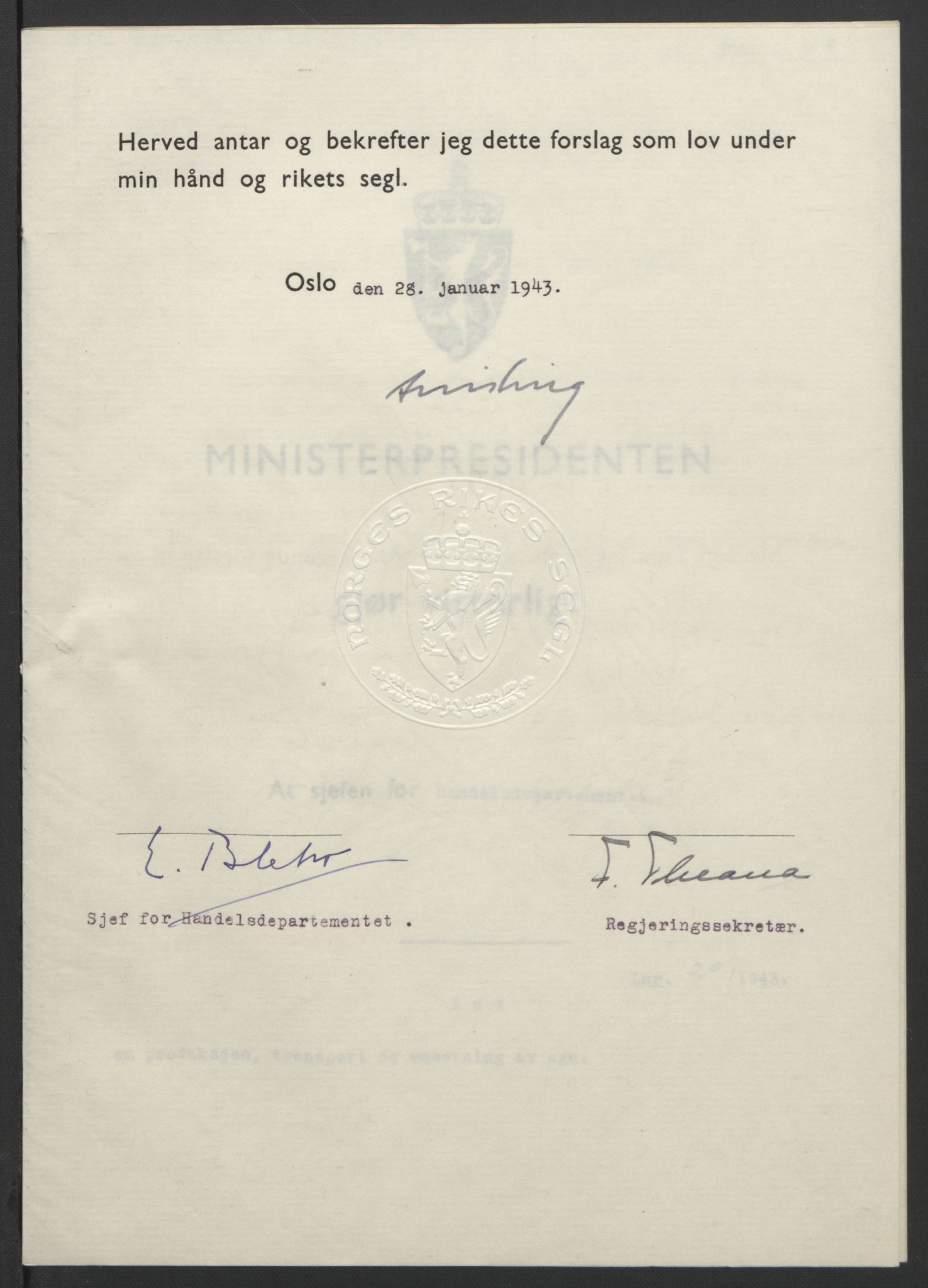 NS-administrasjonen 1940-1945 (Statsrådsekretariatet, de kommisariske statsråder mm), RA/S-4279/D/Db/L0099: Lover, 1943, p. 84