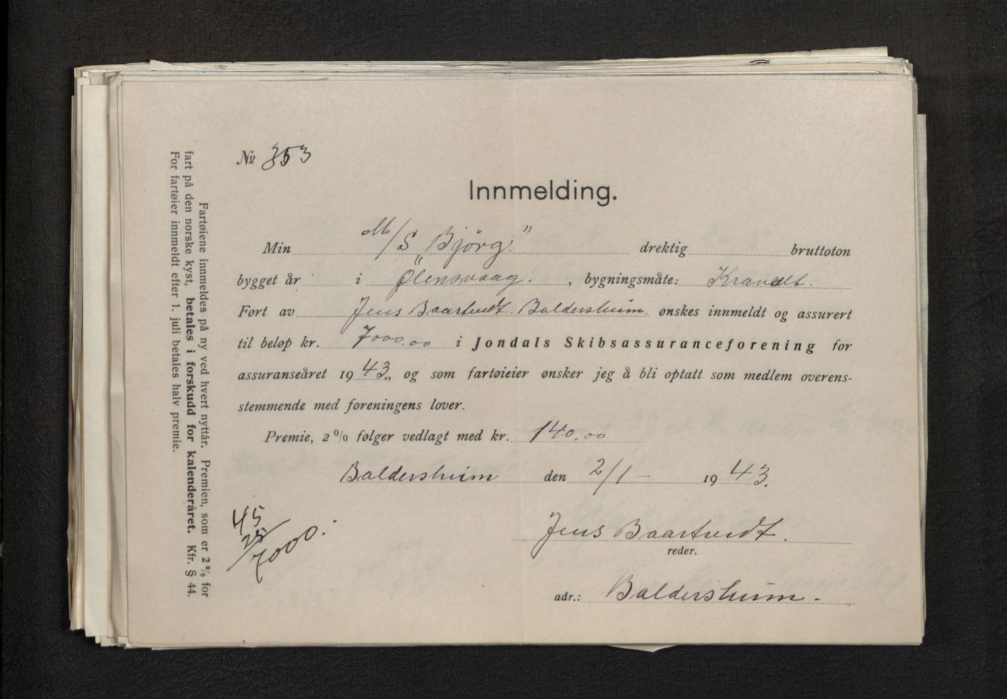 Jondal Skipsassuranseforening, AV/SAB-SAB/PA-0276/E/L0113: Korrespondanse , 1943