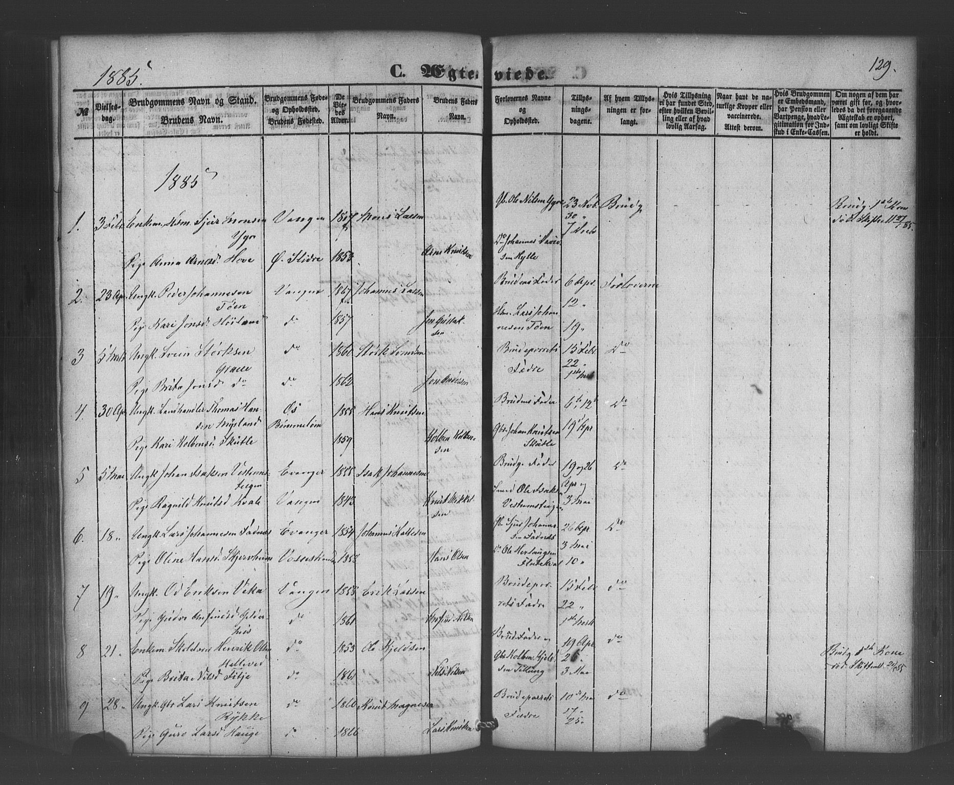 Voss sokneprestembete, AV/SAB-A-79001/H/Haa: Parish register (official) no. A 19, 1851-1886, p. 129