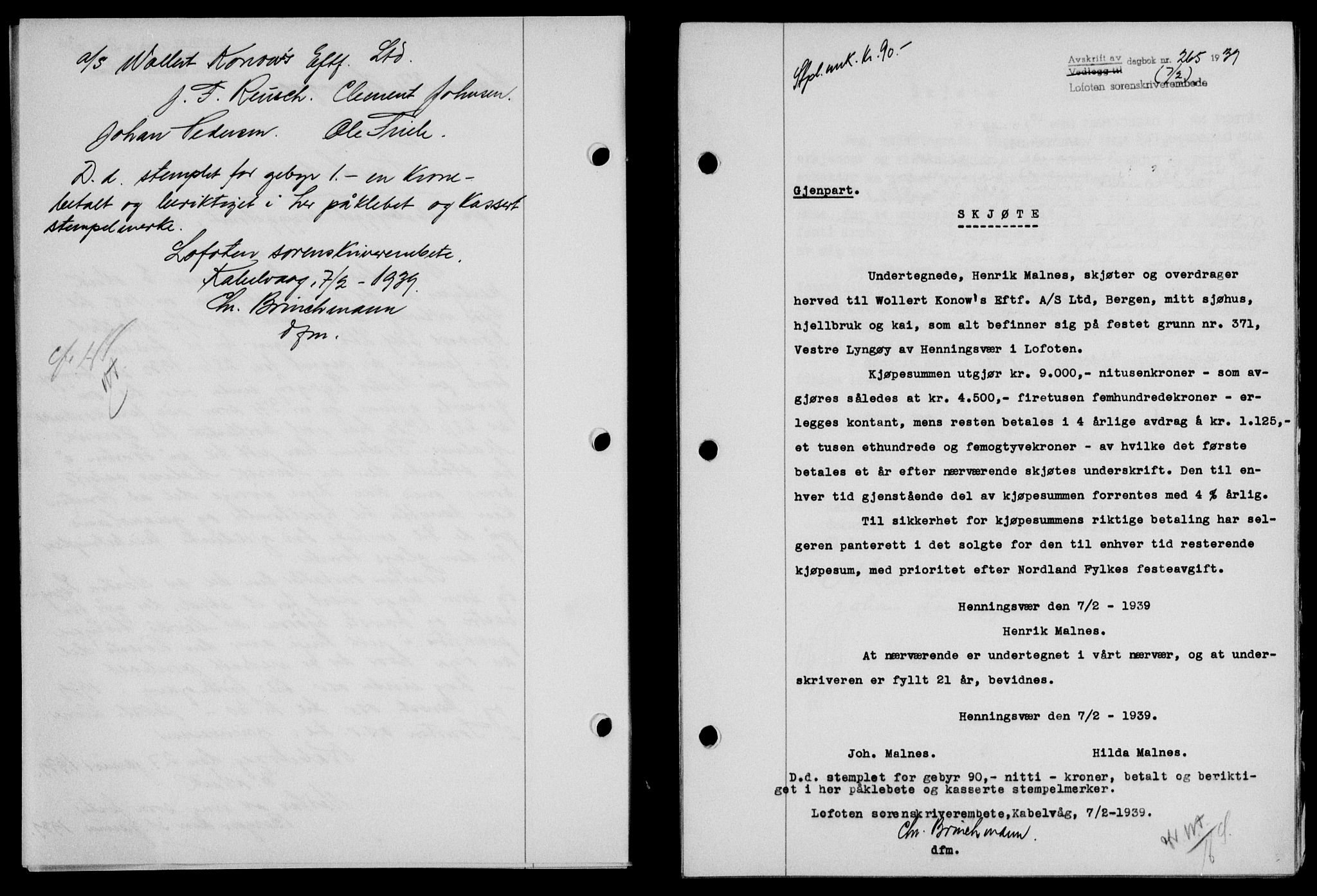 Lofoten sorenskriveri, SAT/A-0017/1/2/2C/L0005a: Mortgage book no. 5a, 1939-1939, Diary no: : 265/1939