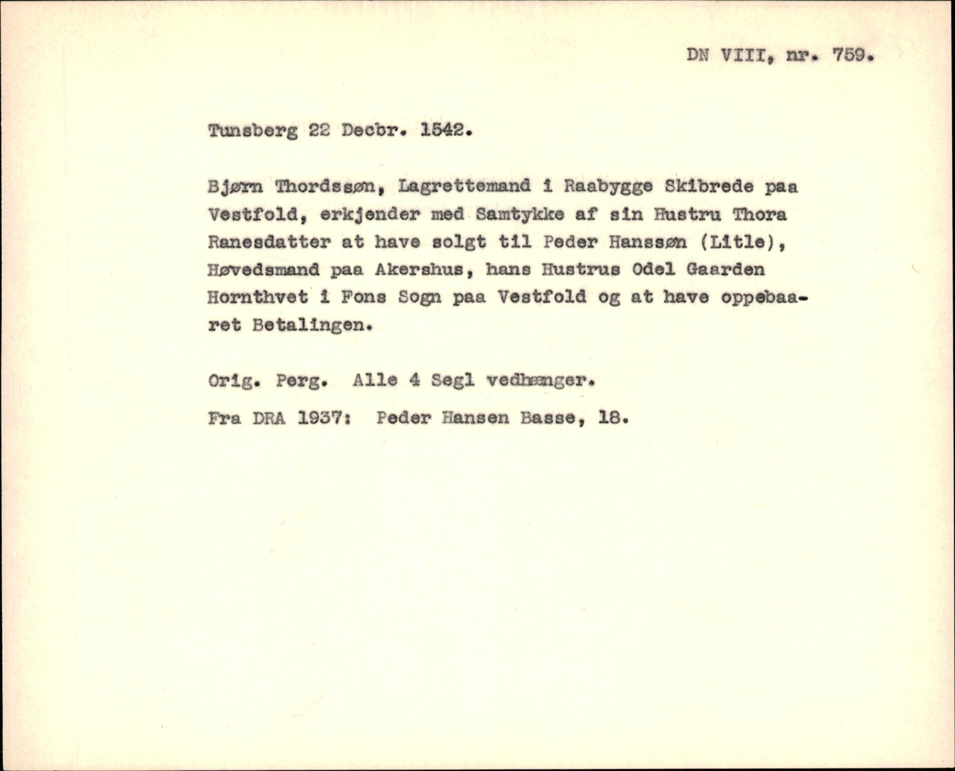 Riksarkivets diplomsamling, AV/RA-EA-5965/F35/F35f/L0002: Regestsedler: Diplomer fra DRA 1937 og 1996, p. 237