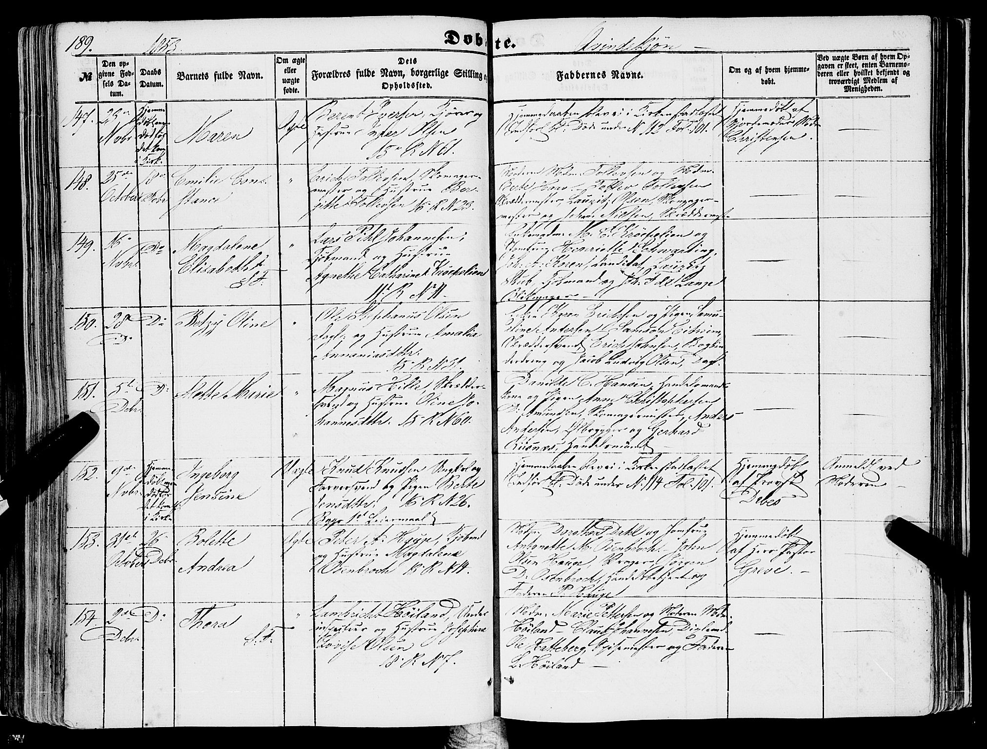 Domkirken sokneprestembete, SAB/A-74801/H/Haa/L0020: Parish register (official) no. B 3, 1851-1859, p. 189
