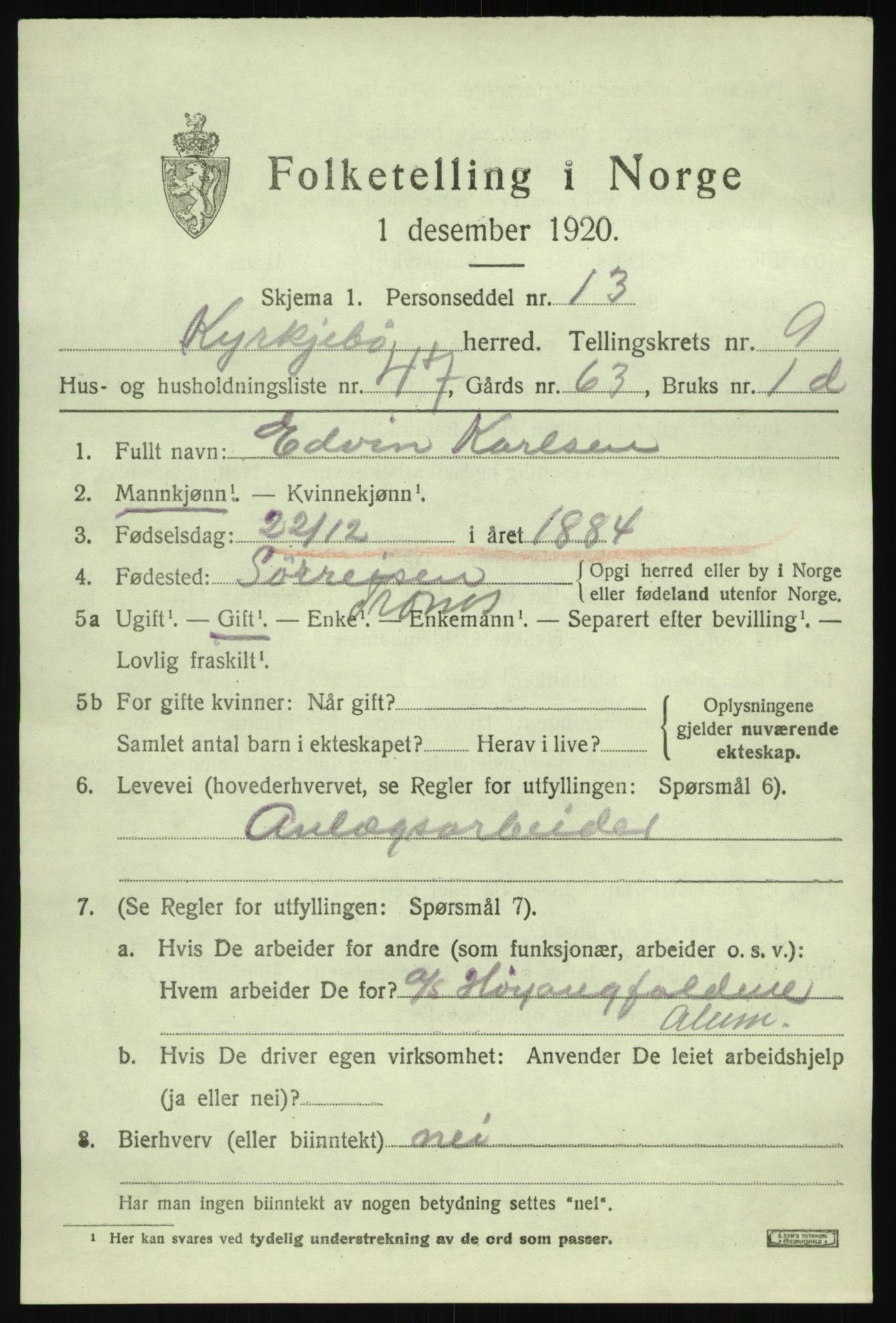 SAB, 1920 census for Kyrkjebø, 1920, p. 5325