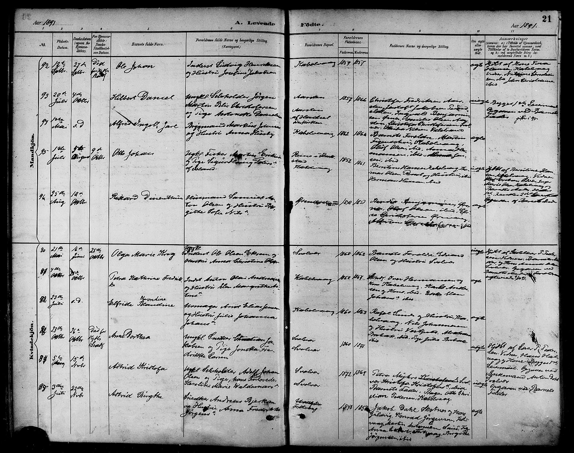 Ministerialprotokoller, klokkerbøker og fødselsregistre - Nordland, SAT/A-1459/874/L1060: Parish register (official) no. 874A04, 1890-1899, p. 21