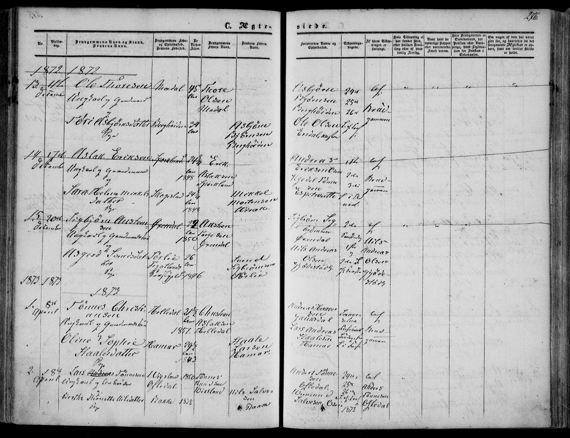 Bakke sokneprestkontor, SAK/1111-0002/F/Fa/Faa/L0006: Parish register (official) no. A 6, 1855-1877, p. 276