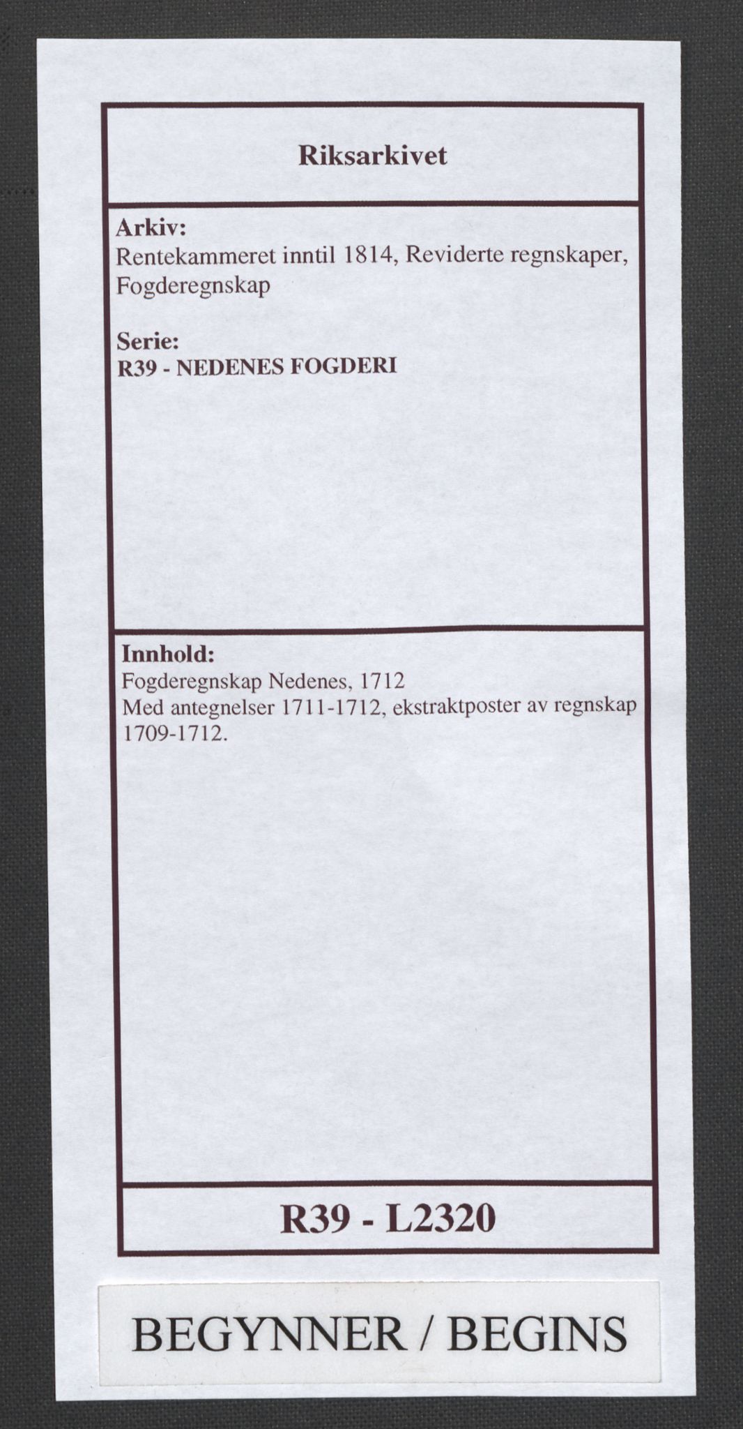 Rentekammeret inntil 1814, Reviderte regnskaper, Fogderegnskap, AV/RA-EA-4092/R39/L2320: Fogderegnskap Nedenes, 1712, p. 1