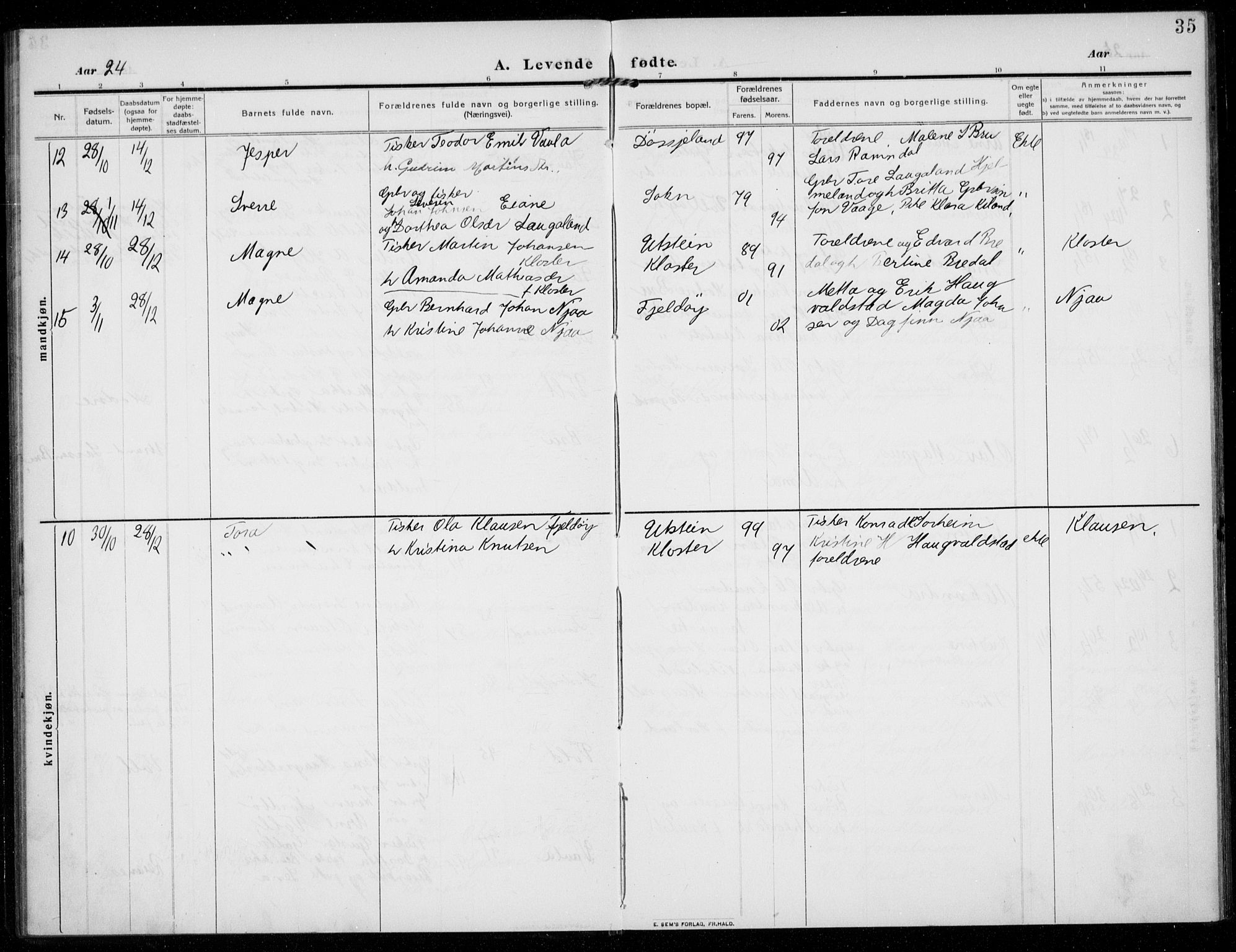 Rennesøy sokneprestkontor, AV/SAST-A -101827/H/Ha/Haa/L0017: Parish register (official) no. A 17, 1908-1926, p. 35