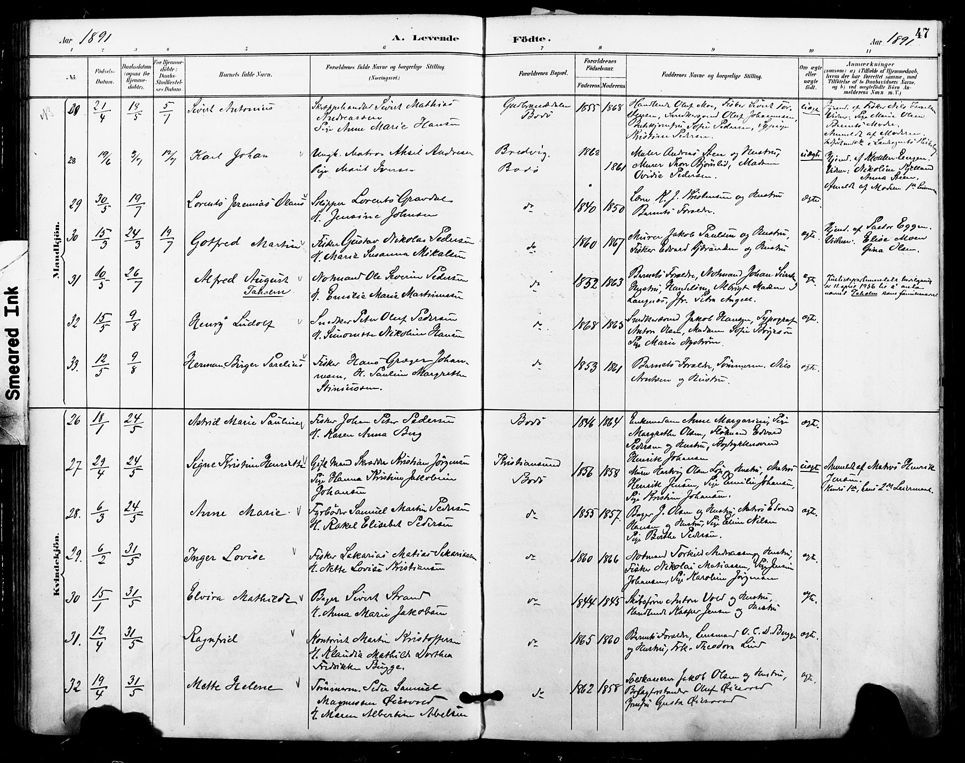 Ministerialprotokoller, klokkerbøker og fødselsregistre - Nordland, AV/SAT-A-1459/801/L0010: Parish register (official) no. 801A10, 1888-1899, p. 47