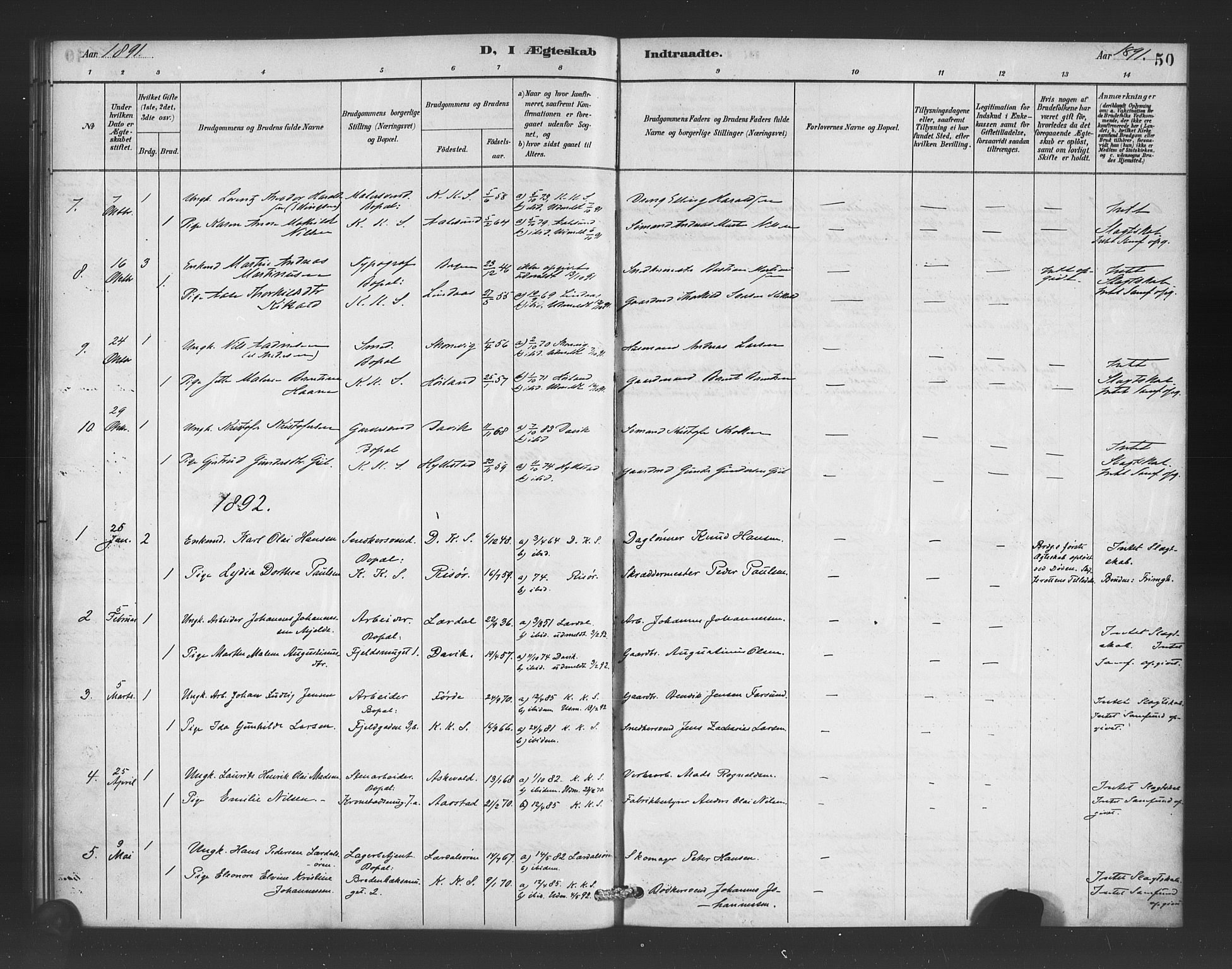 Korskirken sokneprestembete, SAB/A-76101/H/Haa/L0052: Parish register (official) no. G 2, 1887-1899, p. 50