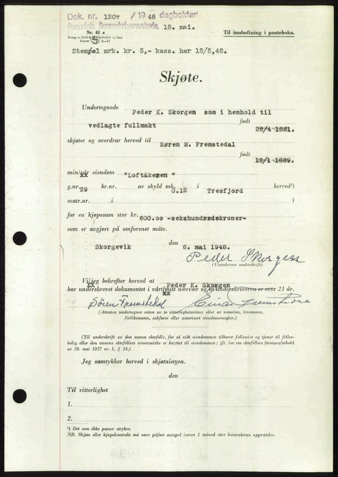 Romsdal sorenskriveri, AV/SAT-A-4149/1/2/2C: Mortgage book no. A26, 1948-1948, Diary no: : 1207/1948