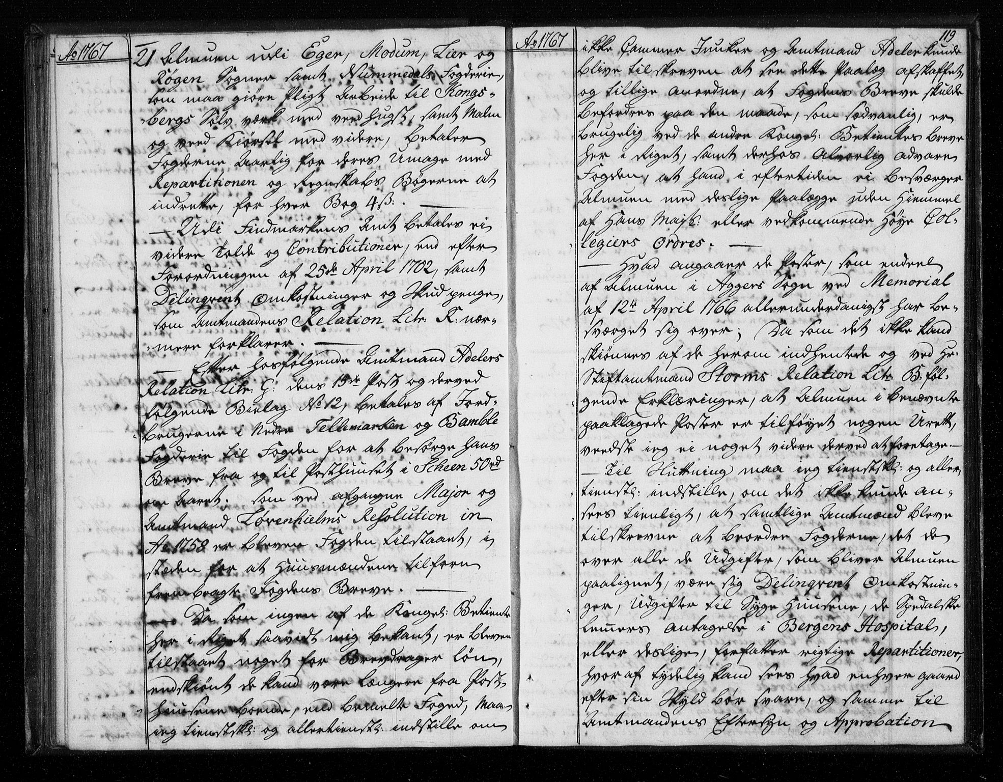 Stattholderembetet 1572-1771, AV/RA-EA-2870/Bf/L0006: Stattholderprotokoll (allmenn kopibok), 1767-1768, p. 118b-119a