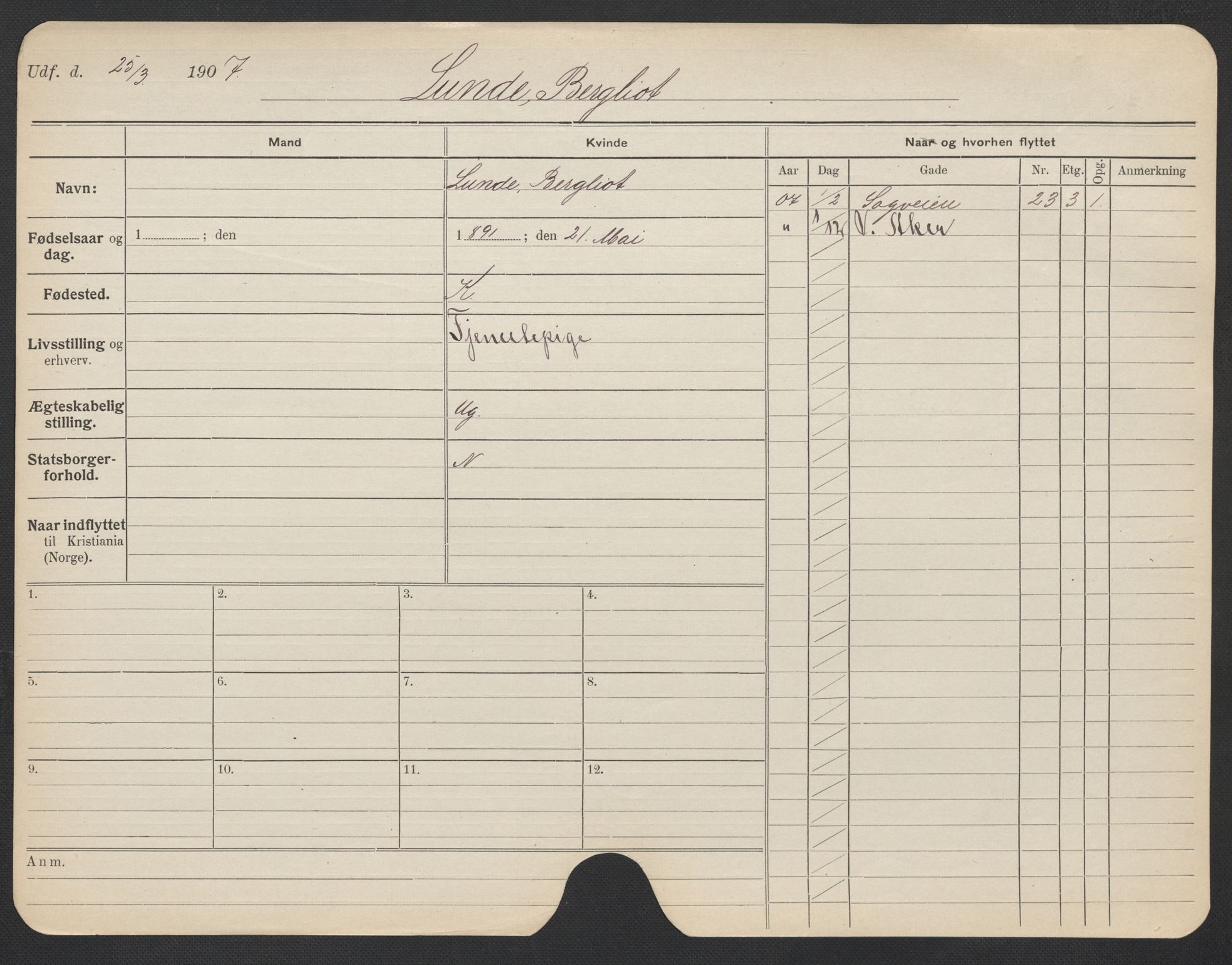 Oslo folkeregister, Registerkort, AV/SAO-A-11715/F/Fa/Fac/L0020: Kvinner, 1906-1914, p. 307a