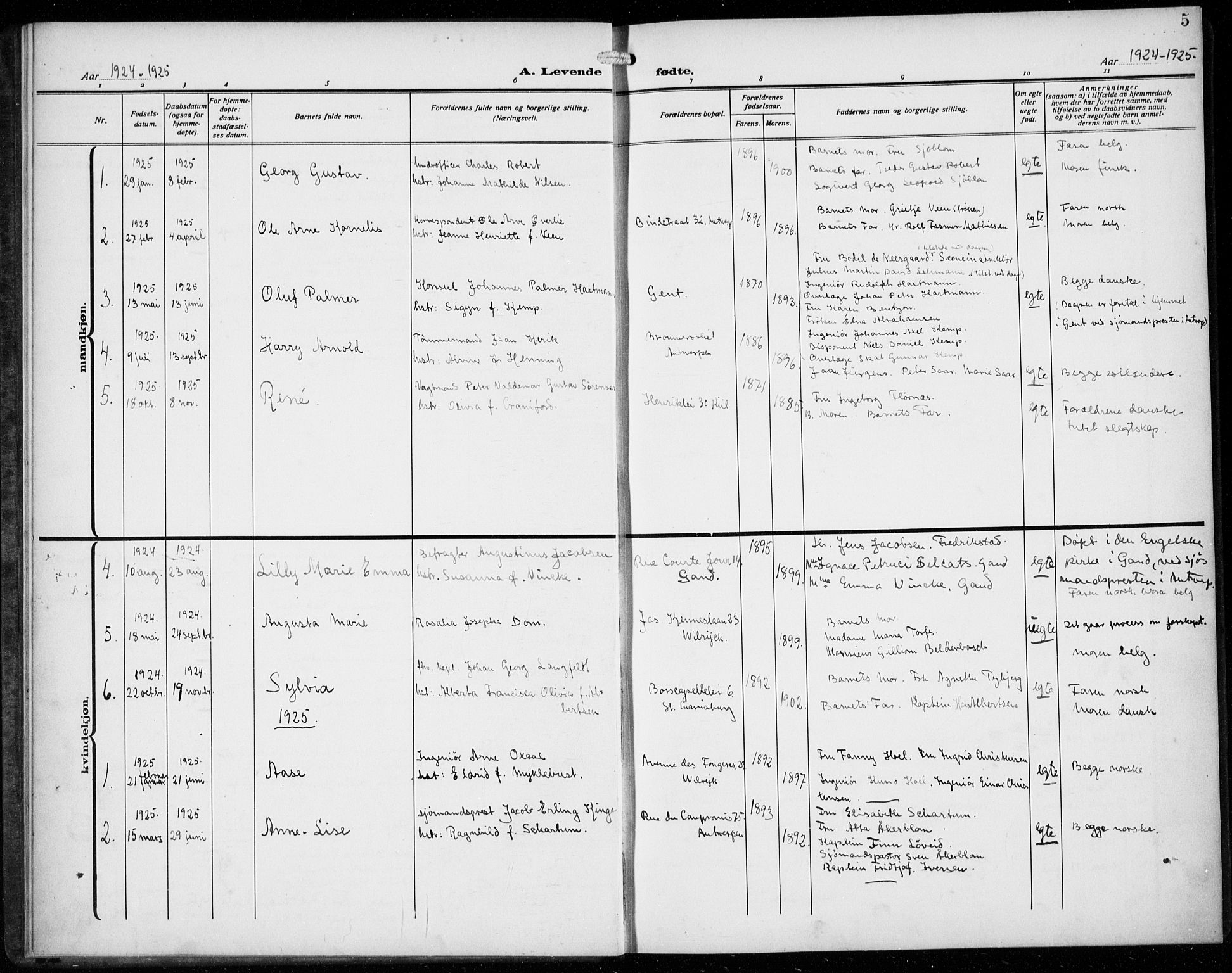 Den norske sjømannsmisjon i utlandet/Antwerpen, SAB/SAB/PA-0105/H/Ha/L0003: Parish register (official) no. A 3, 1914-1930, p. 5