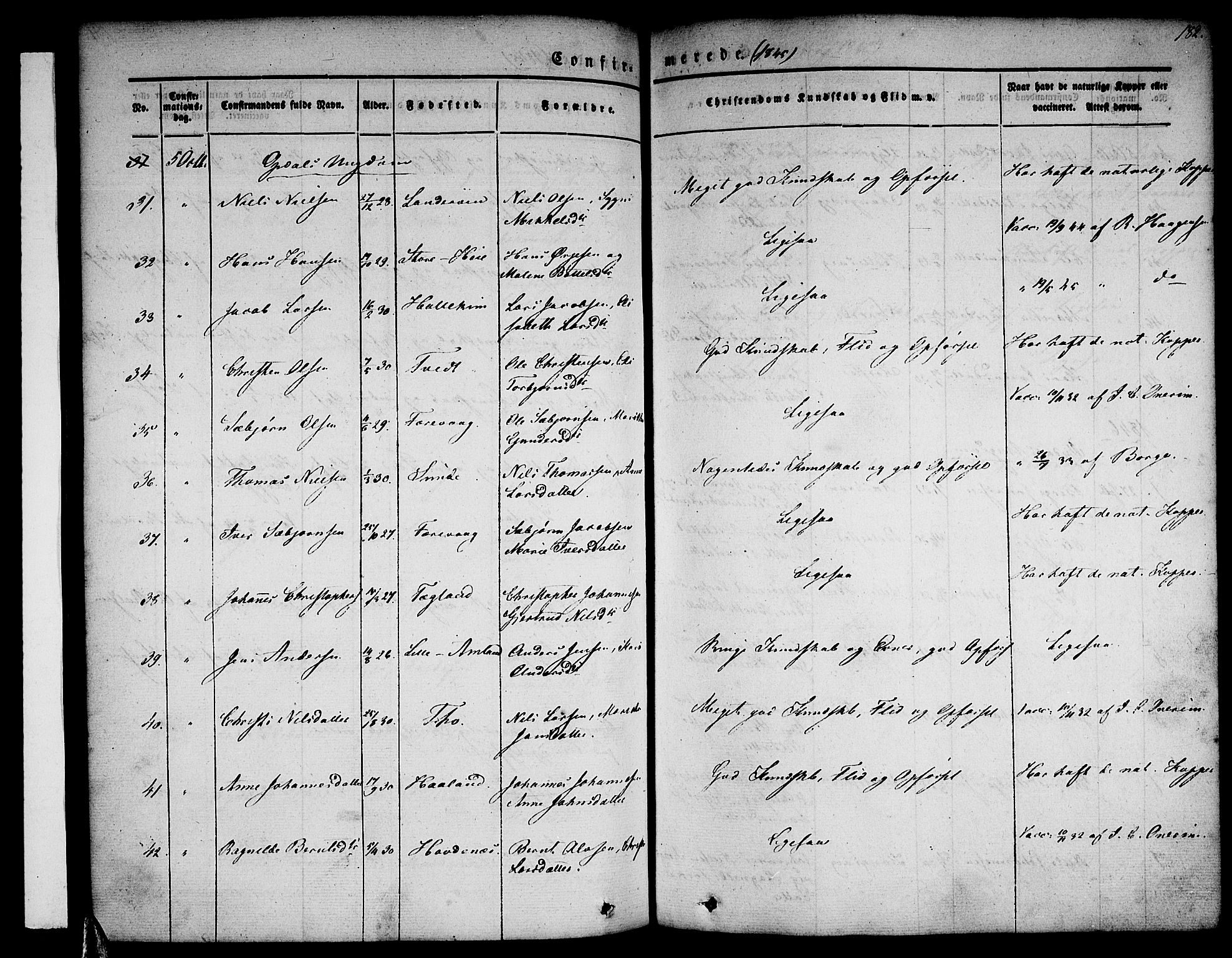 Tysnes sokneprestembete, AV/SAB-A-78601/H/Haa: Parish register (official) no. A 9, 1837-1848, p. 182