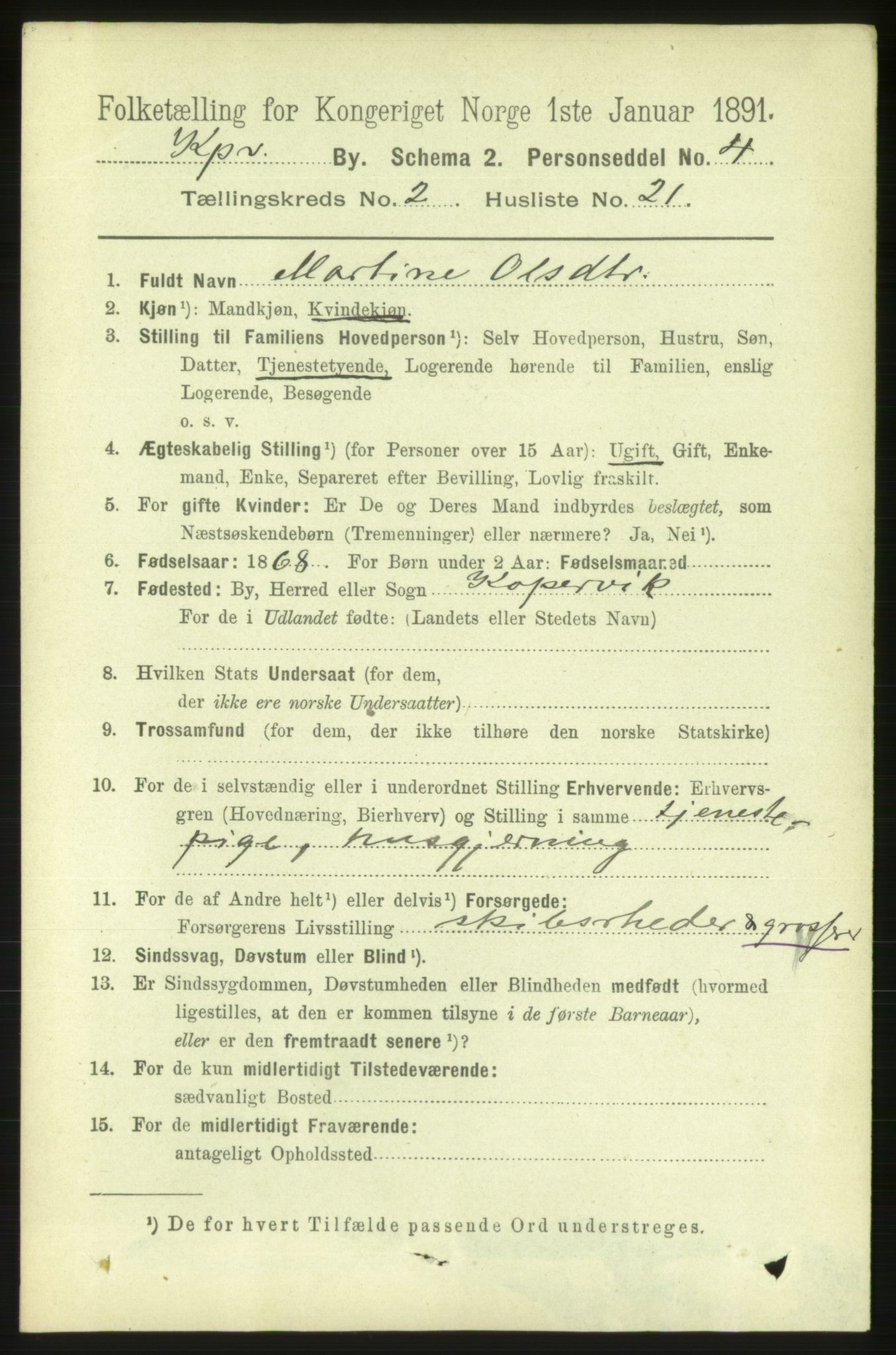 RA, 1891 census for 1105 Kopervik, 1891, p. 240