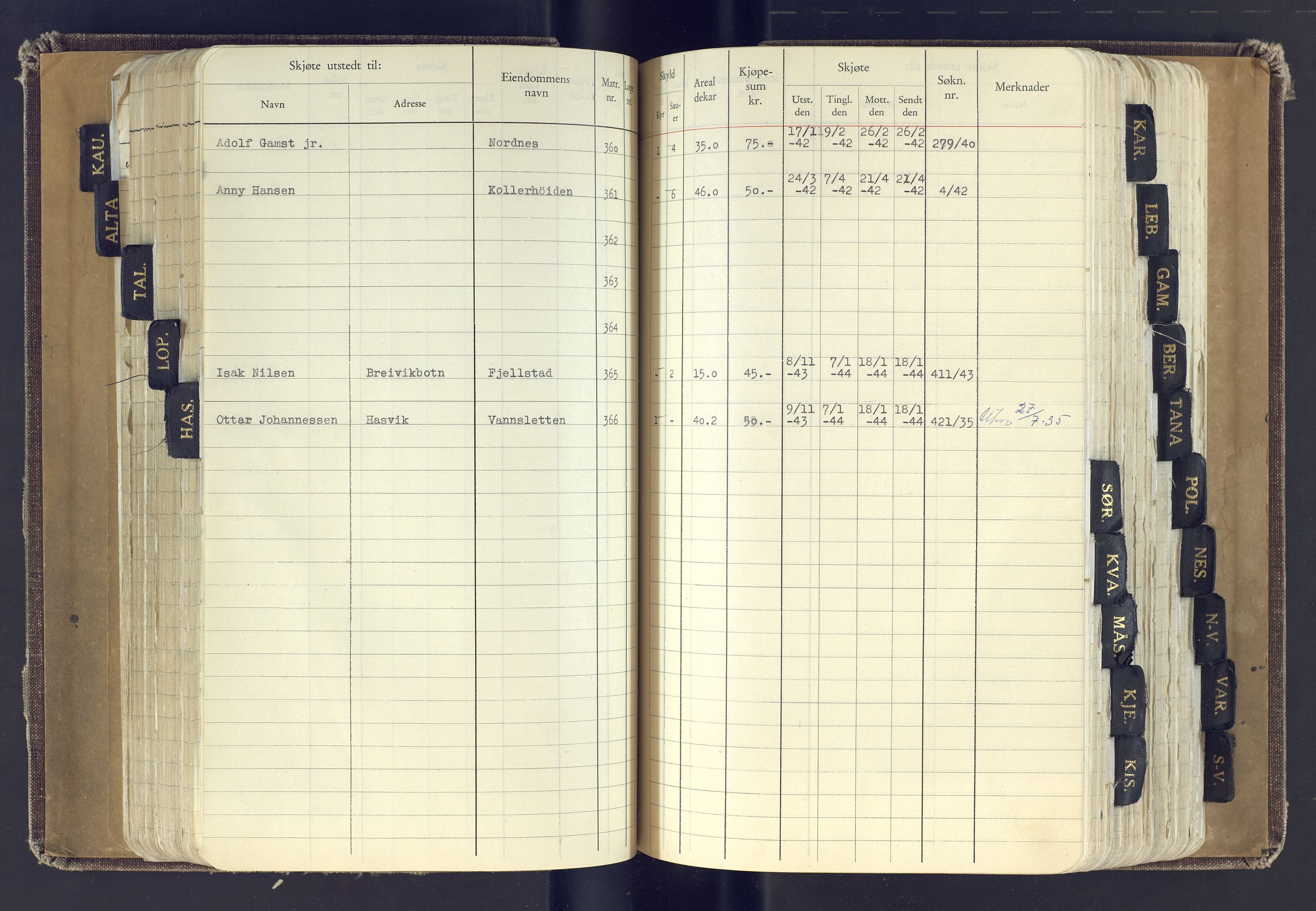 Finnmark jordsalgskommisjon/jordsalgskontor og Statskog SF Finnmark jordsalgskontor, AV/SATØ-S-1443/J/Jc/L0001: Skjøtebok, 1932-1983