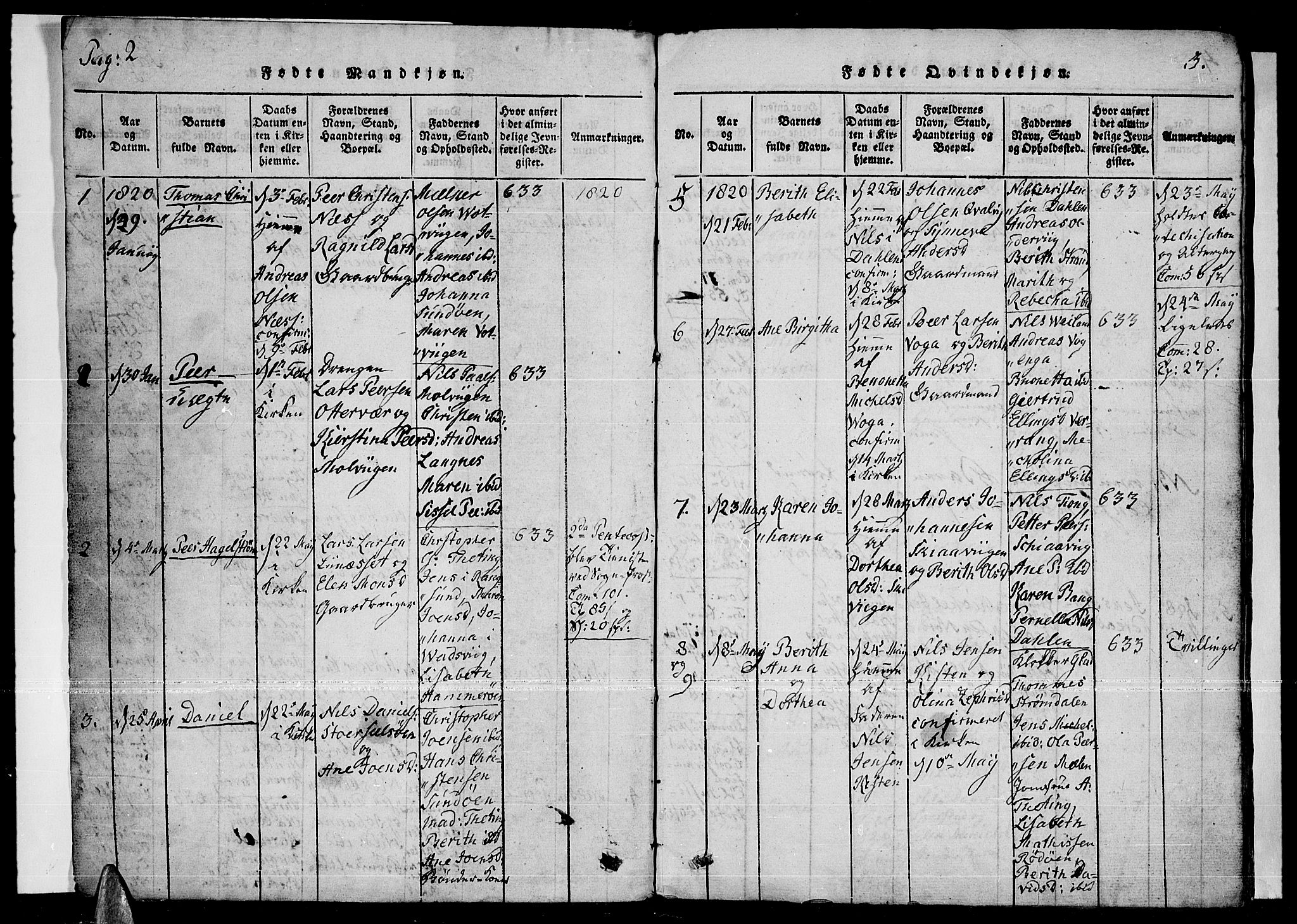 Ministerialprotokoller, klokkerbøker og fødselsregistre - Nordland, AV/SAT-A-1459/841/L0593: Parish register (official) no. 841A04 /1, 1820-1825, p. 2-3