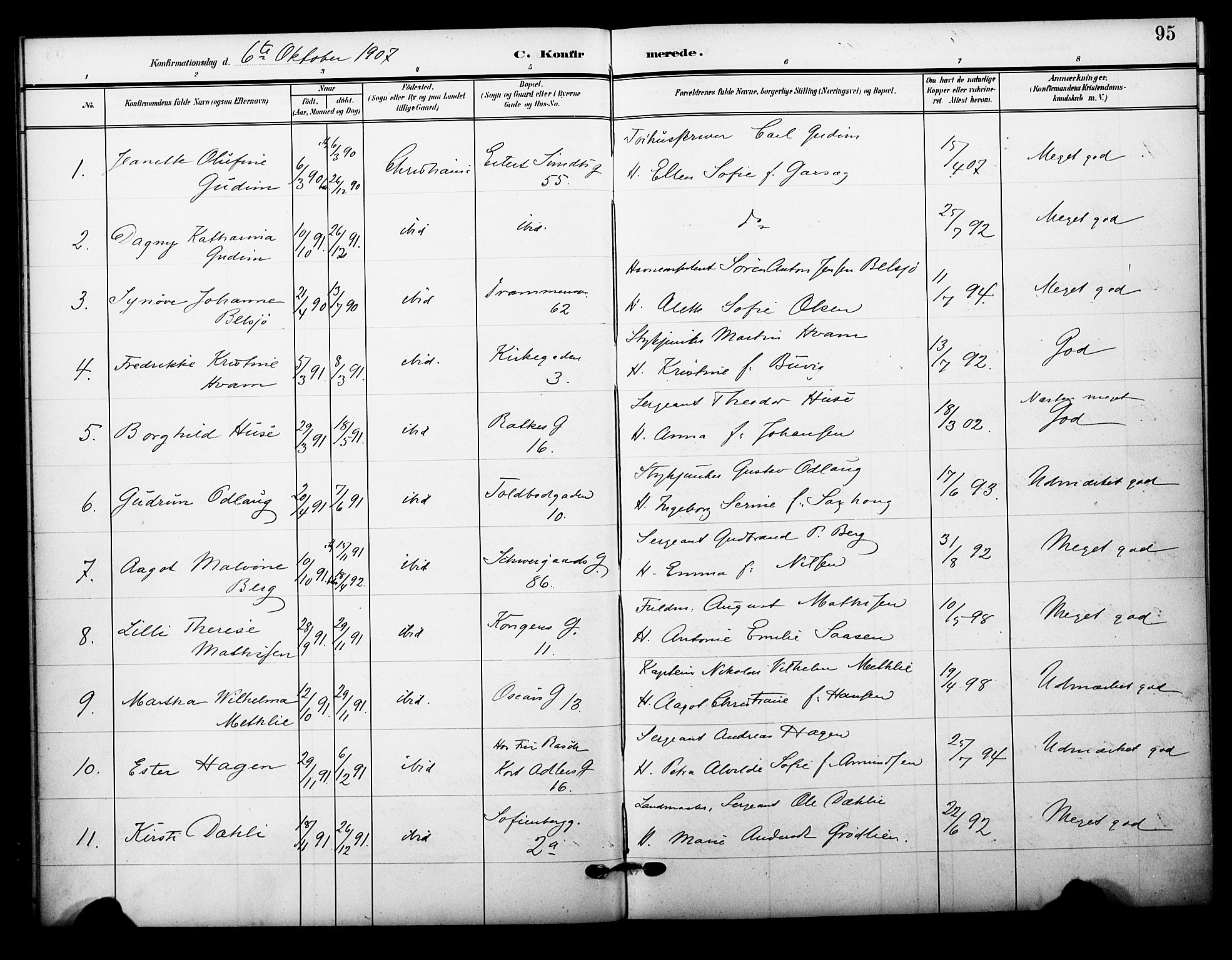 Garnisonsmenigheten Kirkebøker, AV/SAO-A-10846/F/Fa/L0014: Parish register (official) no. 14, 1905-1914, p. 95