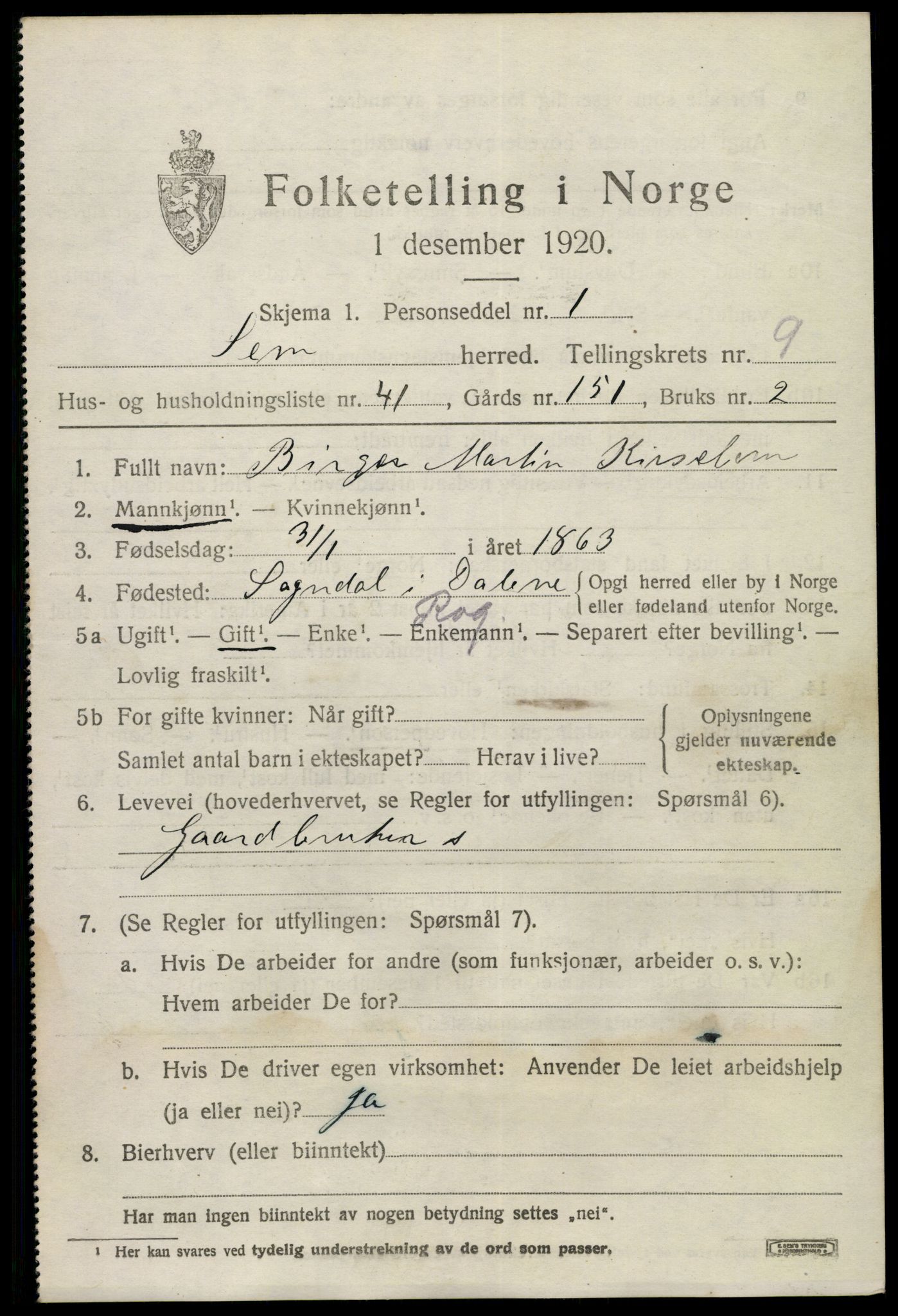 SAKO, 1920 census for Sem, 1920, p. 12973