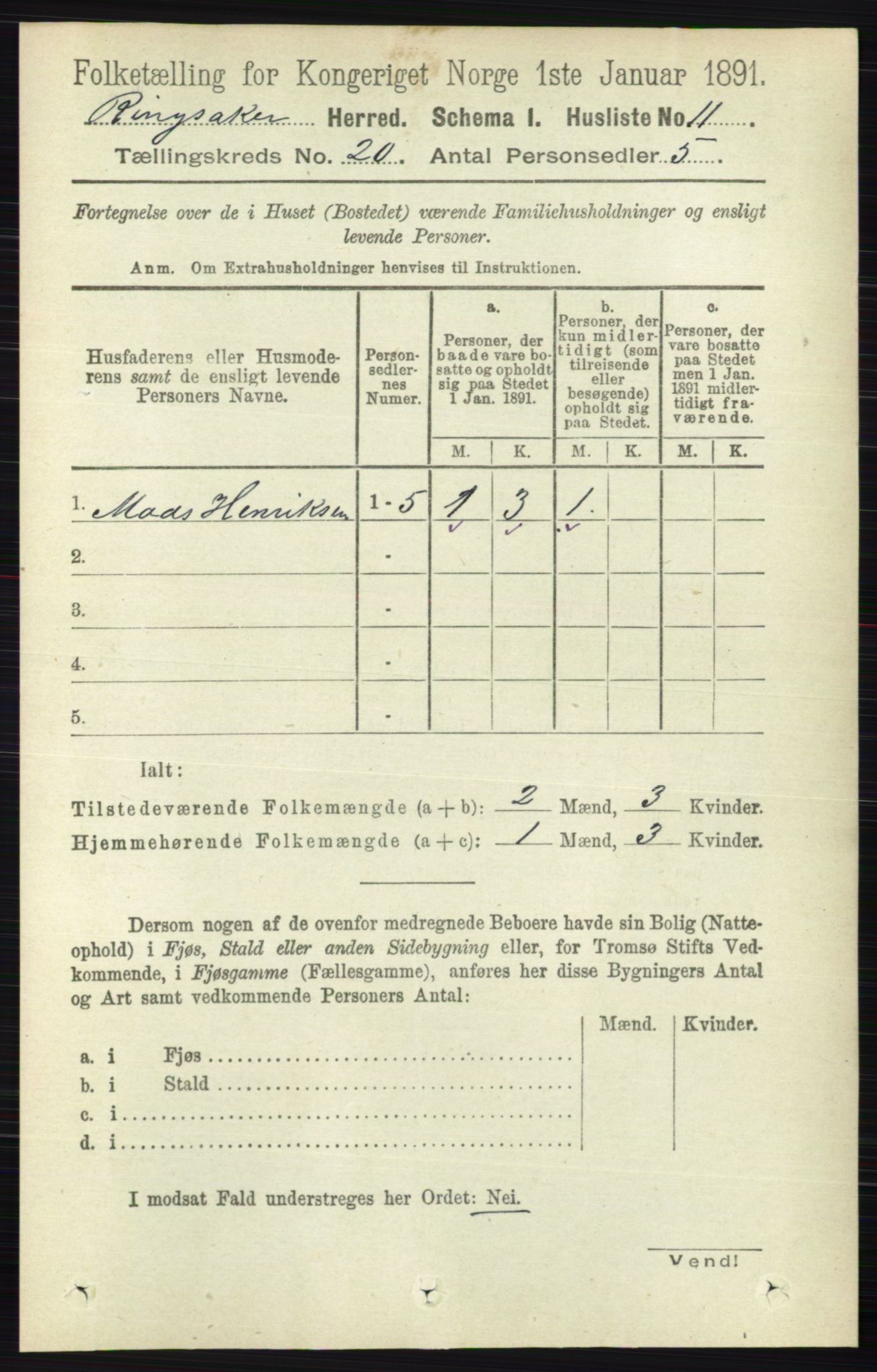 RA, 1891 census for 0412 Ringsaker, 1891, p. 11025