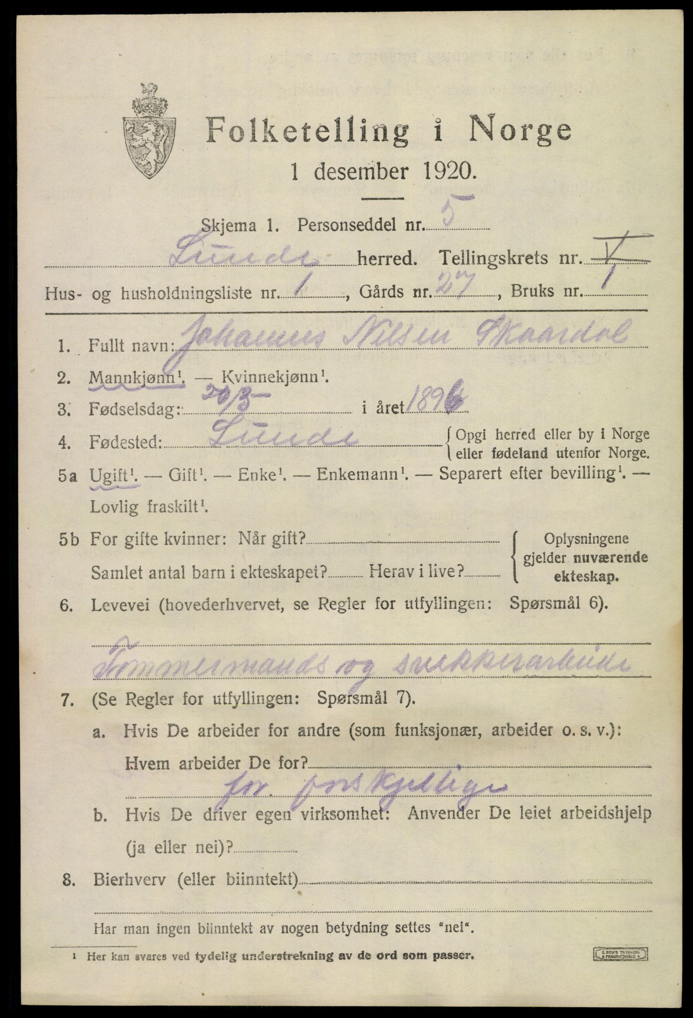 SAKO, 1920 census for Lunde, 1920, p. 3411