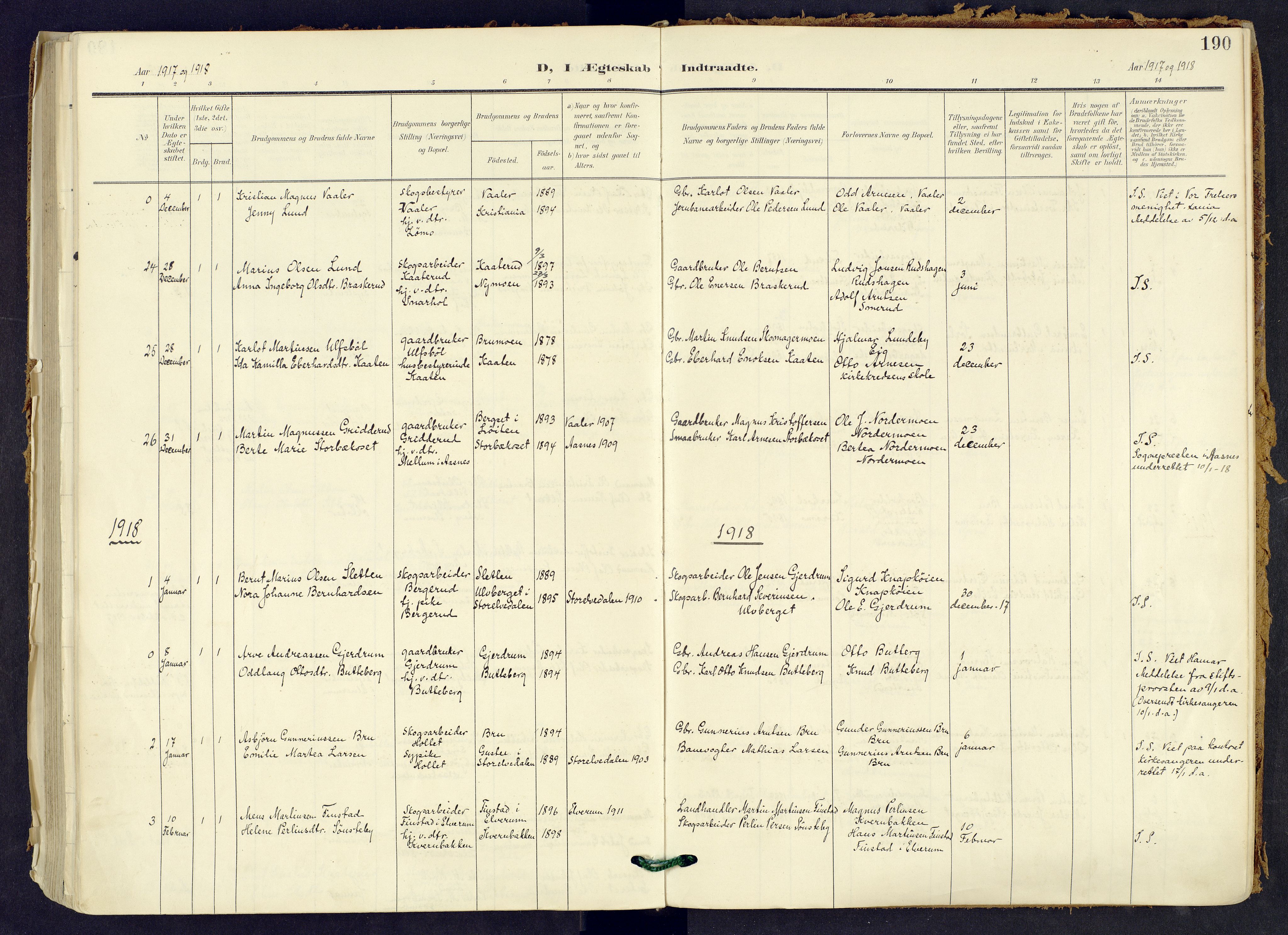 Våler prestekontor, Hedmark, SAH/PREST-040/H/Ha/Haa/L0008: Parish register (official) no. 8, 1905-1921, p. 190