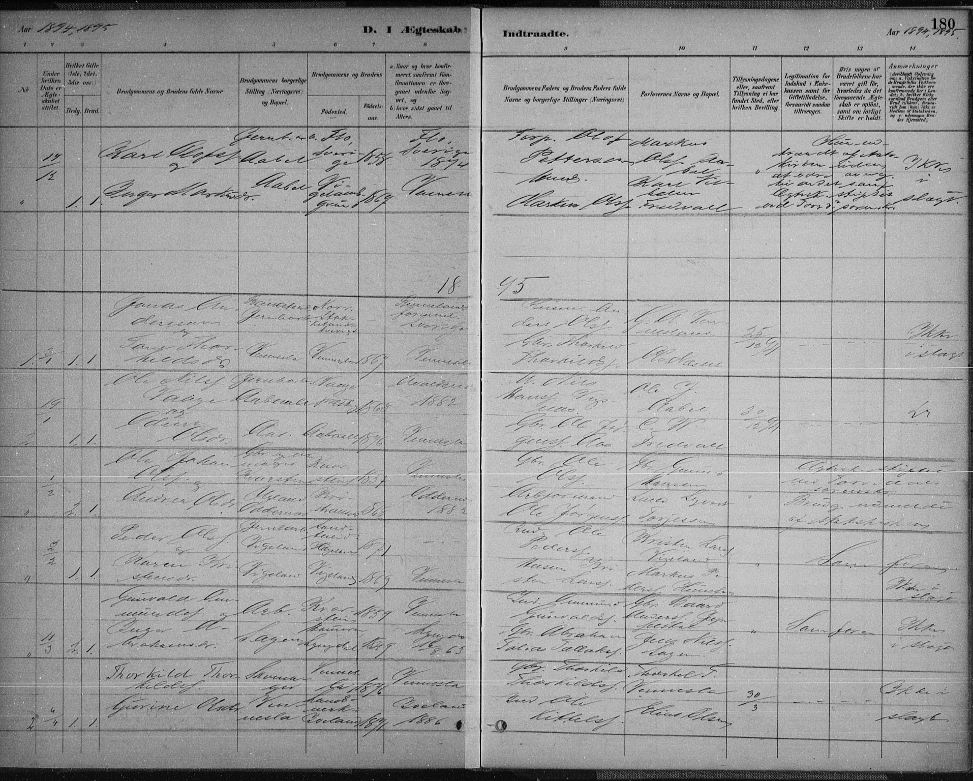 Vennesla sokneprestkontor, AV/SAK-1111-0045/Fa/Fab/L0004: Parish register (official) no. A 4, 1884-1896, p. 180