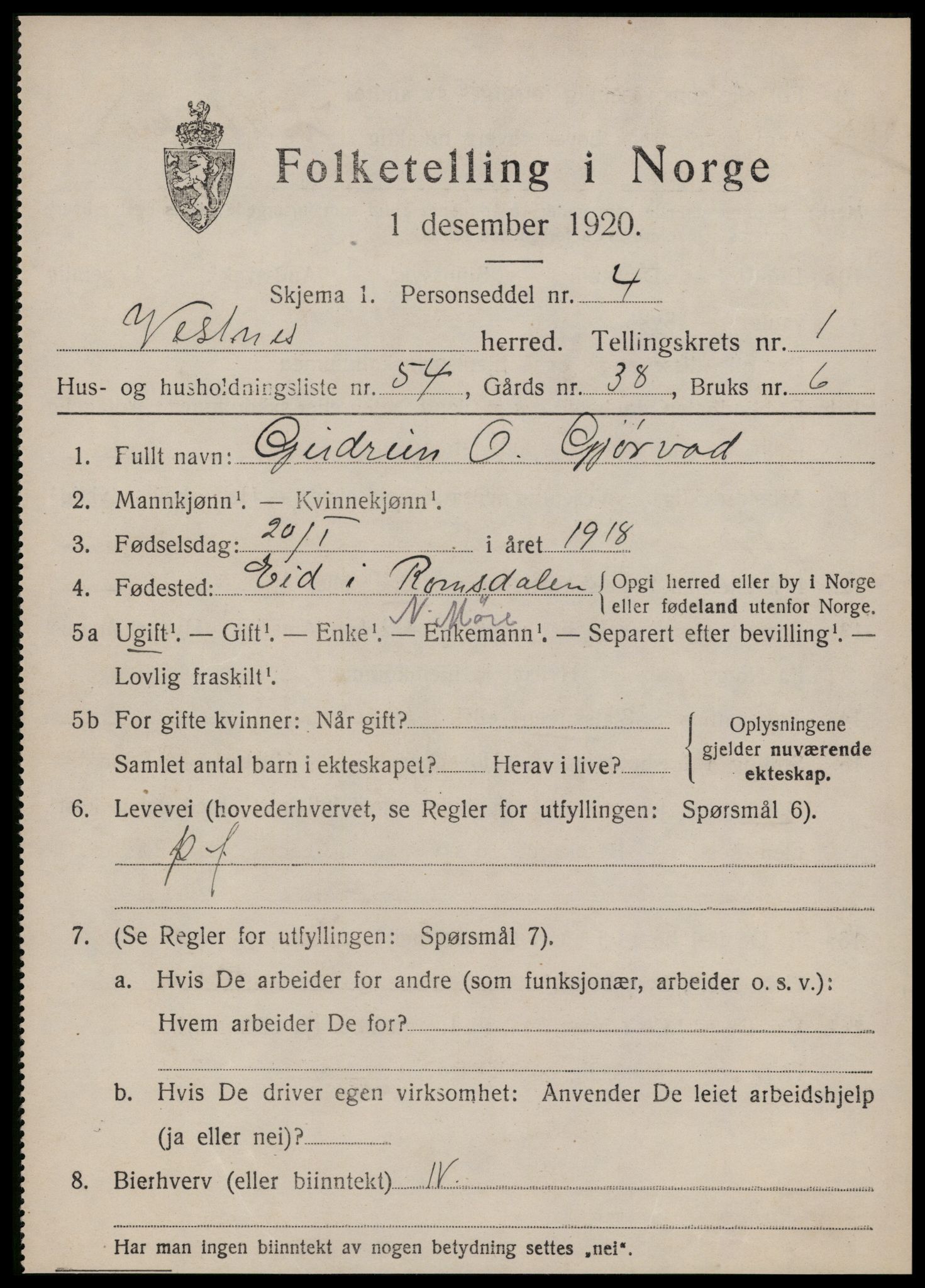 SAT, 1920 census for Vestnes, 1920, p. 1859