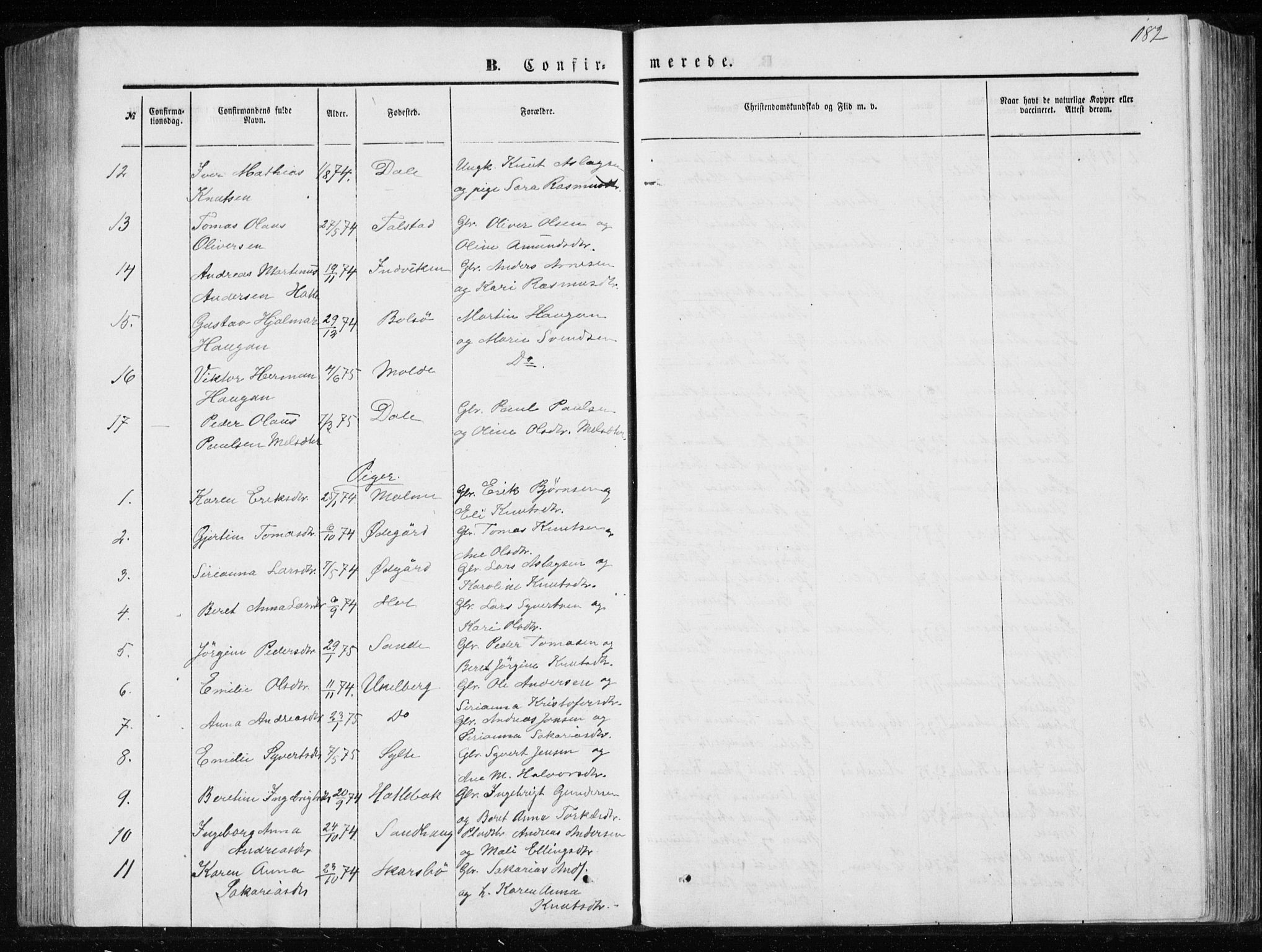 Ministerialprotokoller, klokkerbøker og fødselsregistre - Møre og Romsdal, AV/SAT-A-1454/565/L0754: Parish register (copy) no. 565C03, 1870-1896, p. 182