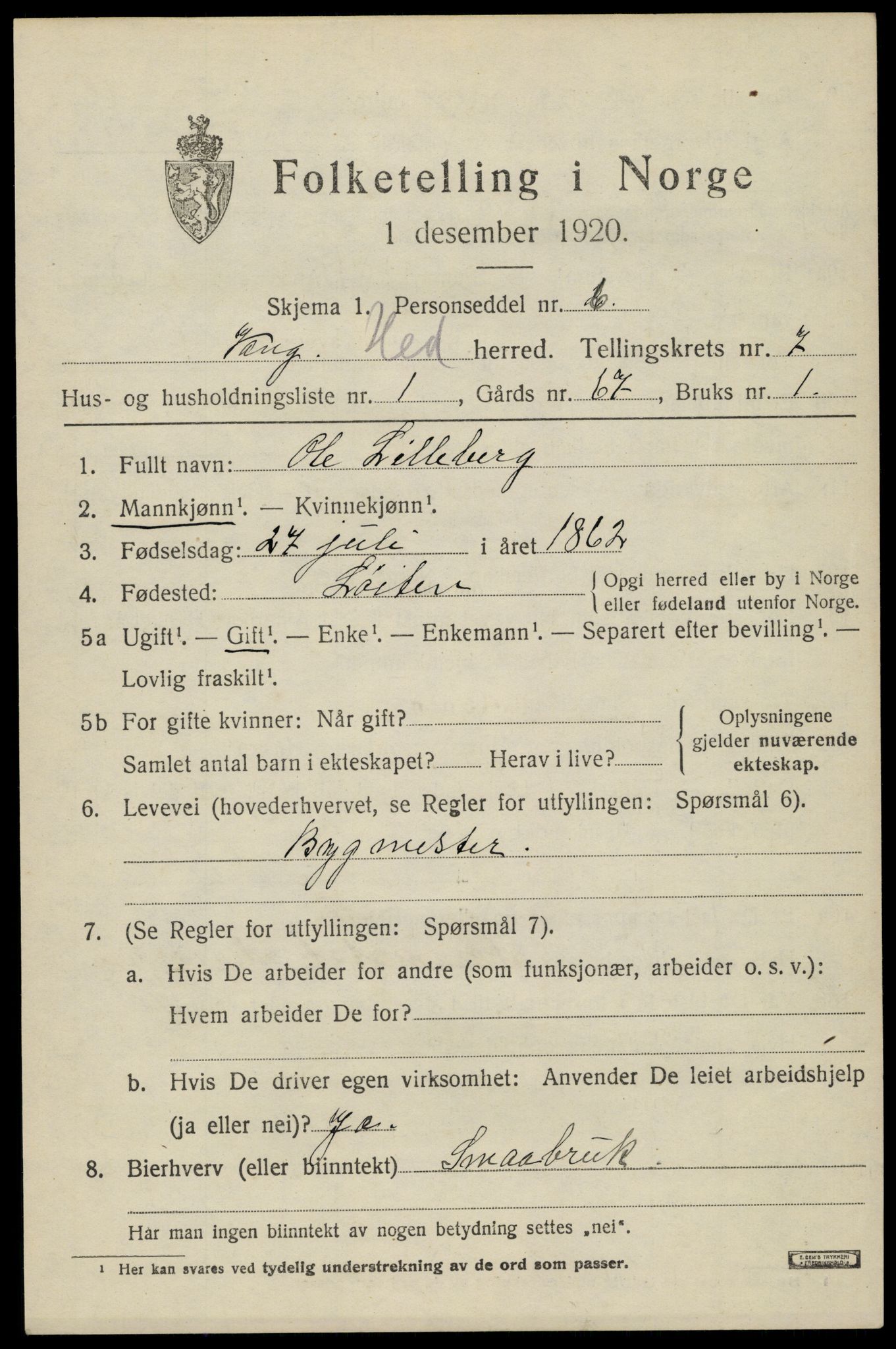 SAH, 1920 census for Vang (Hedmark), 1920, p. 16039