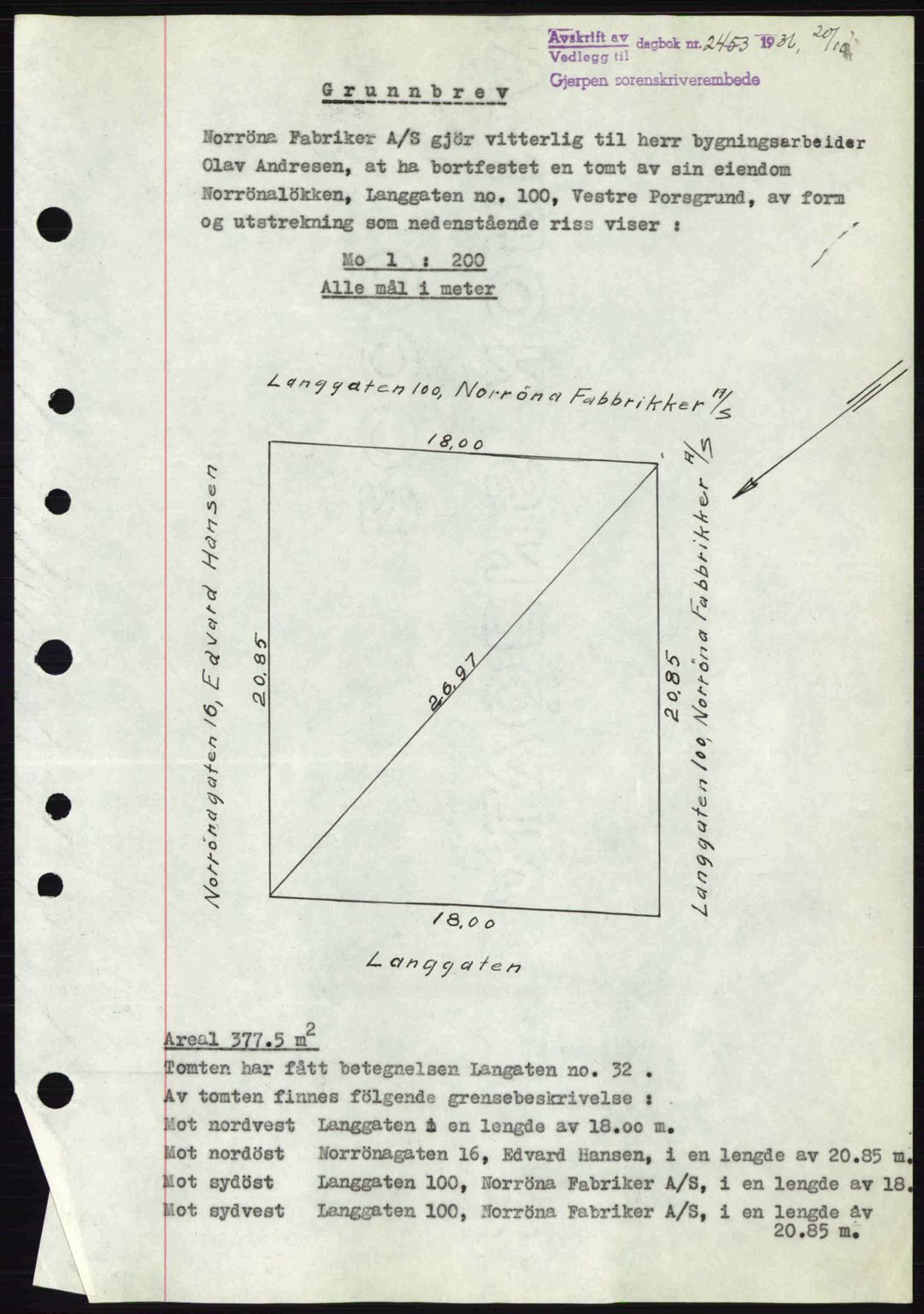 Gjerpen sorenskriveri, SAKO/A-216/G/Ga/Gae/L0067: Mortgage book no. A-66 - A-68, 1936-1937, Diary no: : 2453/1936