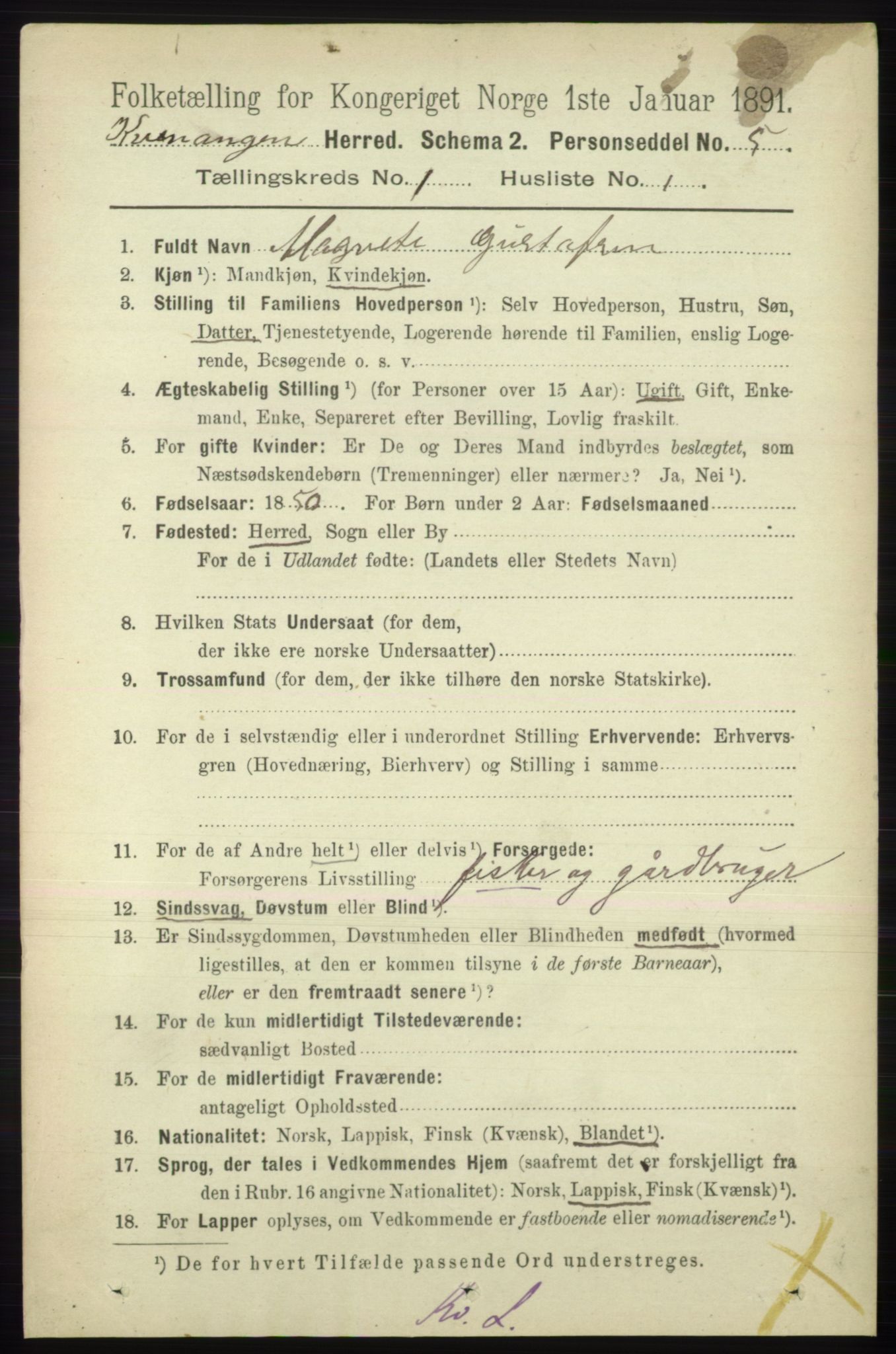 RA, 1891 census for 1943 Kvænangen, 1891, p. 59