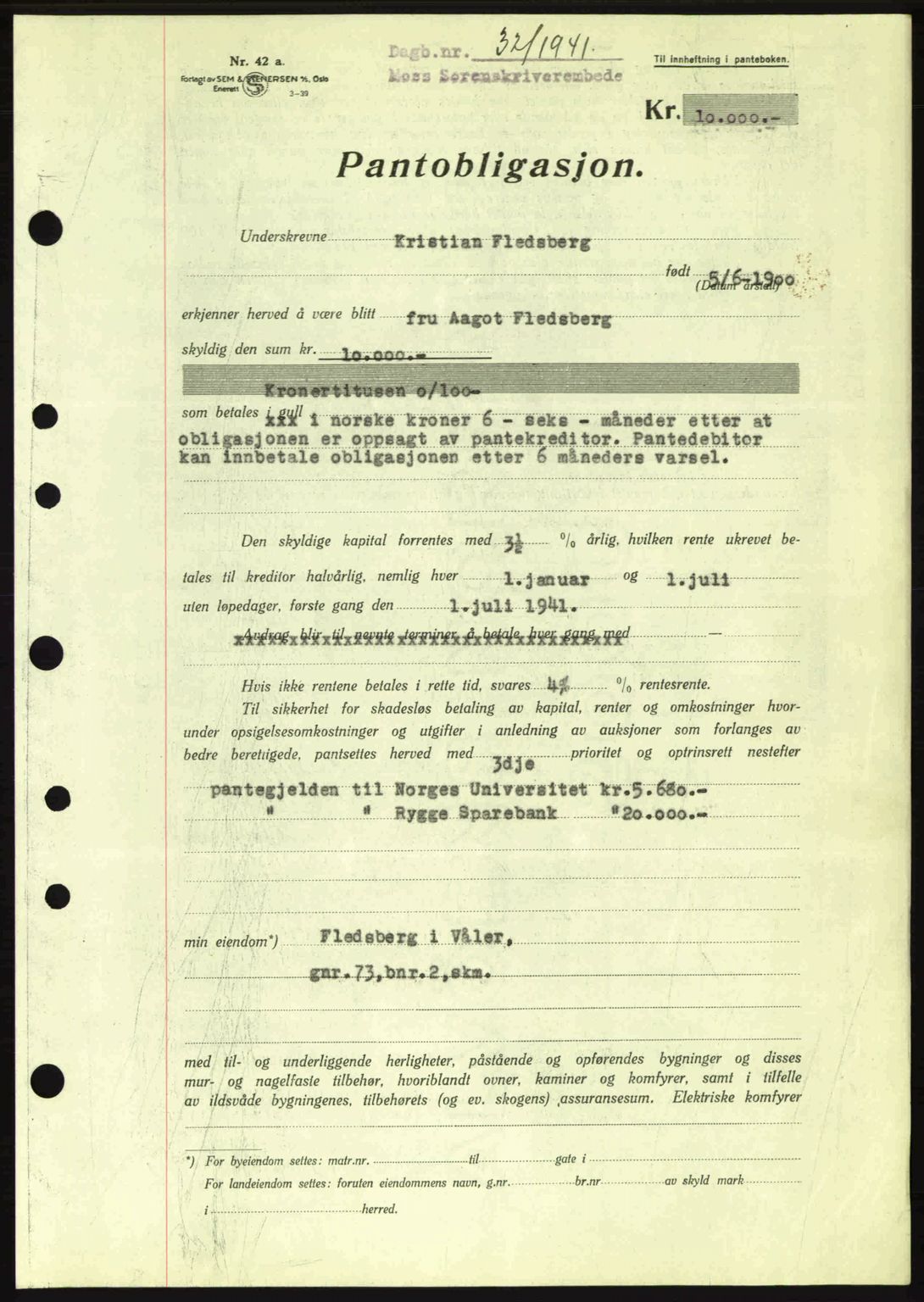 Moss sorenskriveri, SAO/A-10168: Mortgage book no. B10, 1940-1941, Diary no: : 32/1941