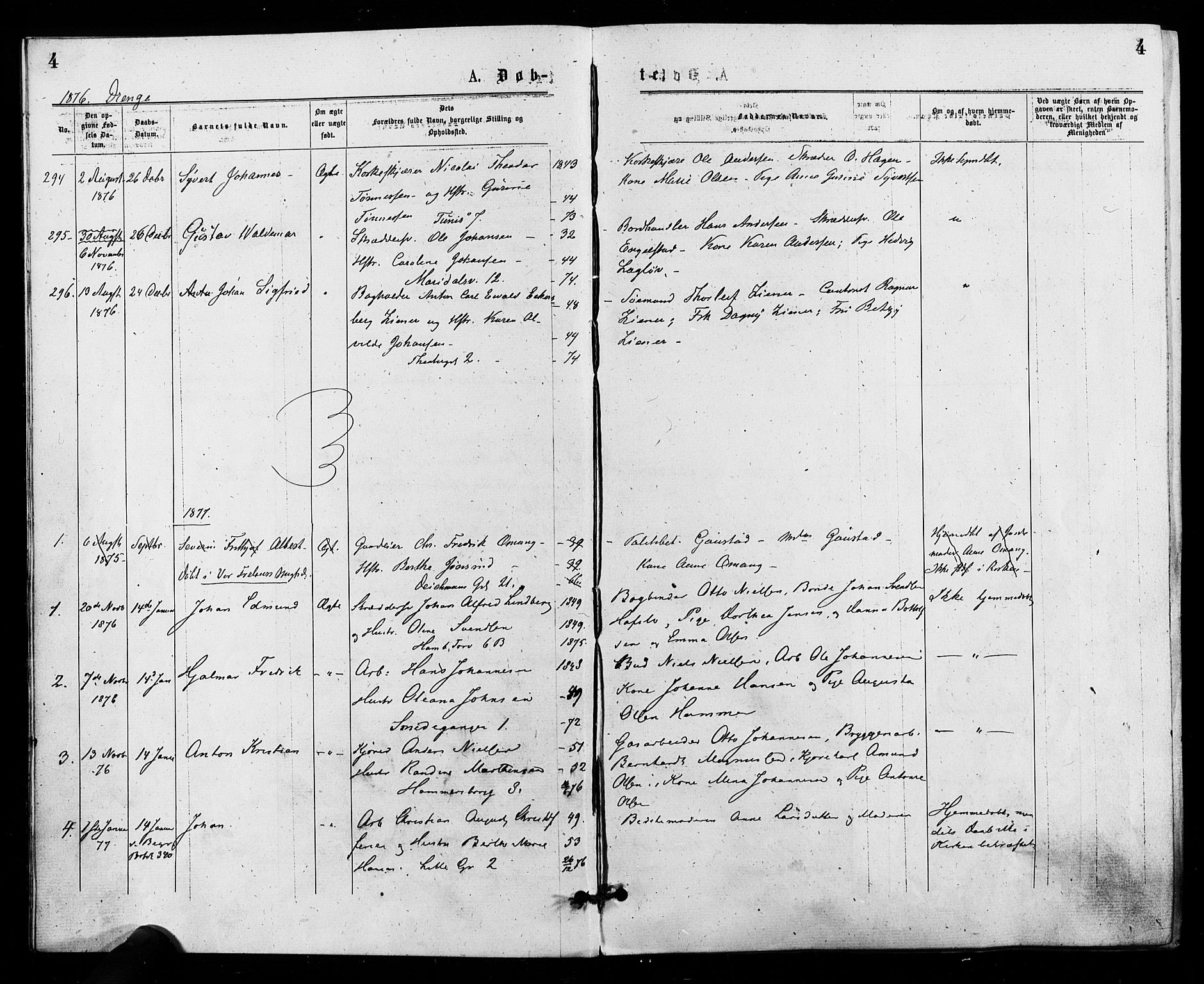 Trefoldighet prestekontor Kirkebøker, SAO/A-10882/F/Fa/L0004: Parish register (official) no. I 4, 1876-1880, p. 4