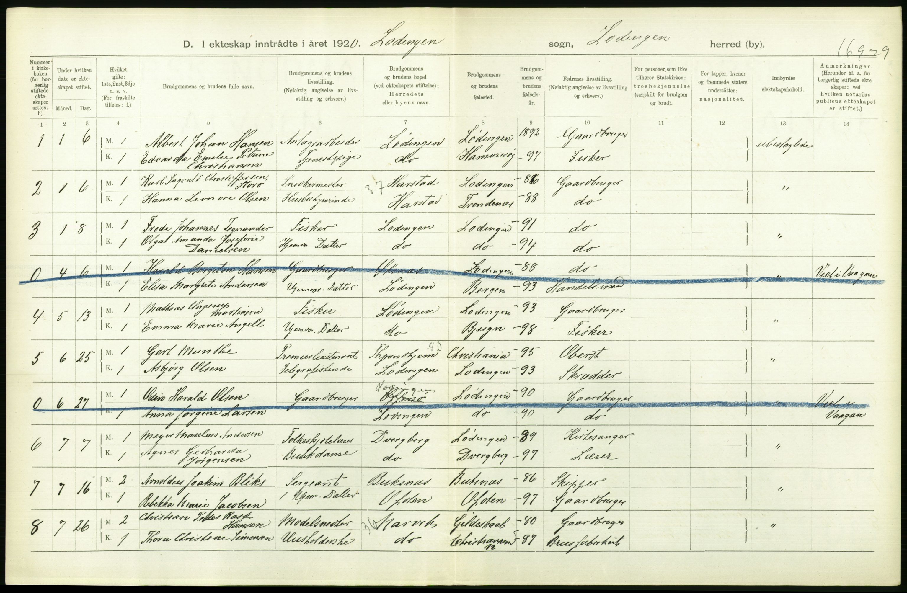 Statistisk sentralbyrå, Sosiodemografiske emner, Befolkning, AV/RA-S-2228/D/Df/Dfb/Dfbj/L0057: Nordland fylke: Gifte, dødfødte. Bygder og byer., 1920, p. 214