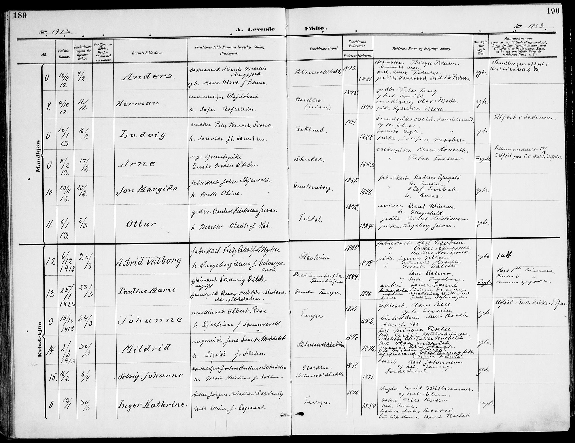 Ministerialprotokoller, klokkerbøker og fødselsregistre - Sør-Trøndelag, AV/SAT-A-1456/607/L0320: Parish register (official) no. 607A04, 1907-1915, p. 189-190