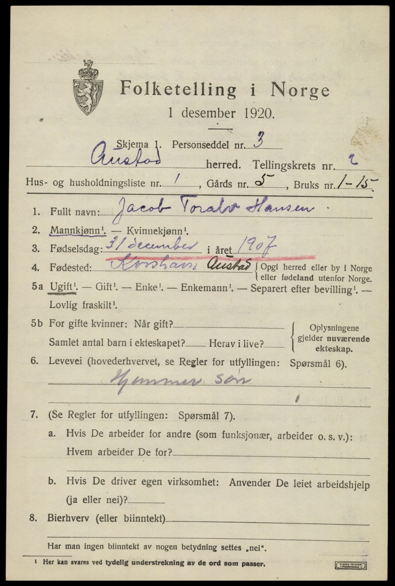 SAK, 1920 census for Austad, 1920, p. 731