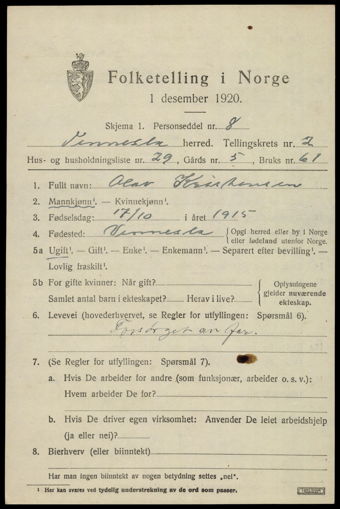 SAK, 1920 census for Vennesla, 1920, p. 1832