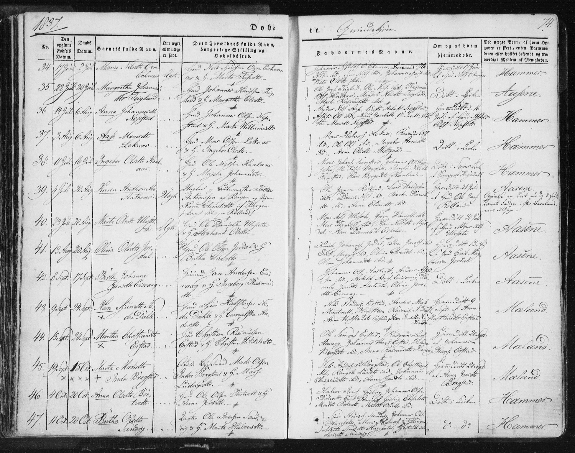 Hamre sokneprestembete, SAB/A-75501/H/Ha/Haa/Haaa/L0012: Parish register (official) no. A 12, 1834-1845, p. 74