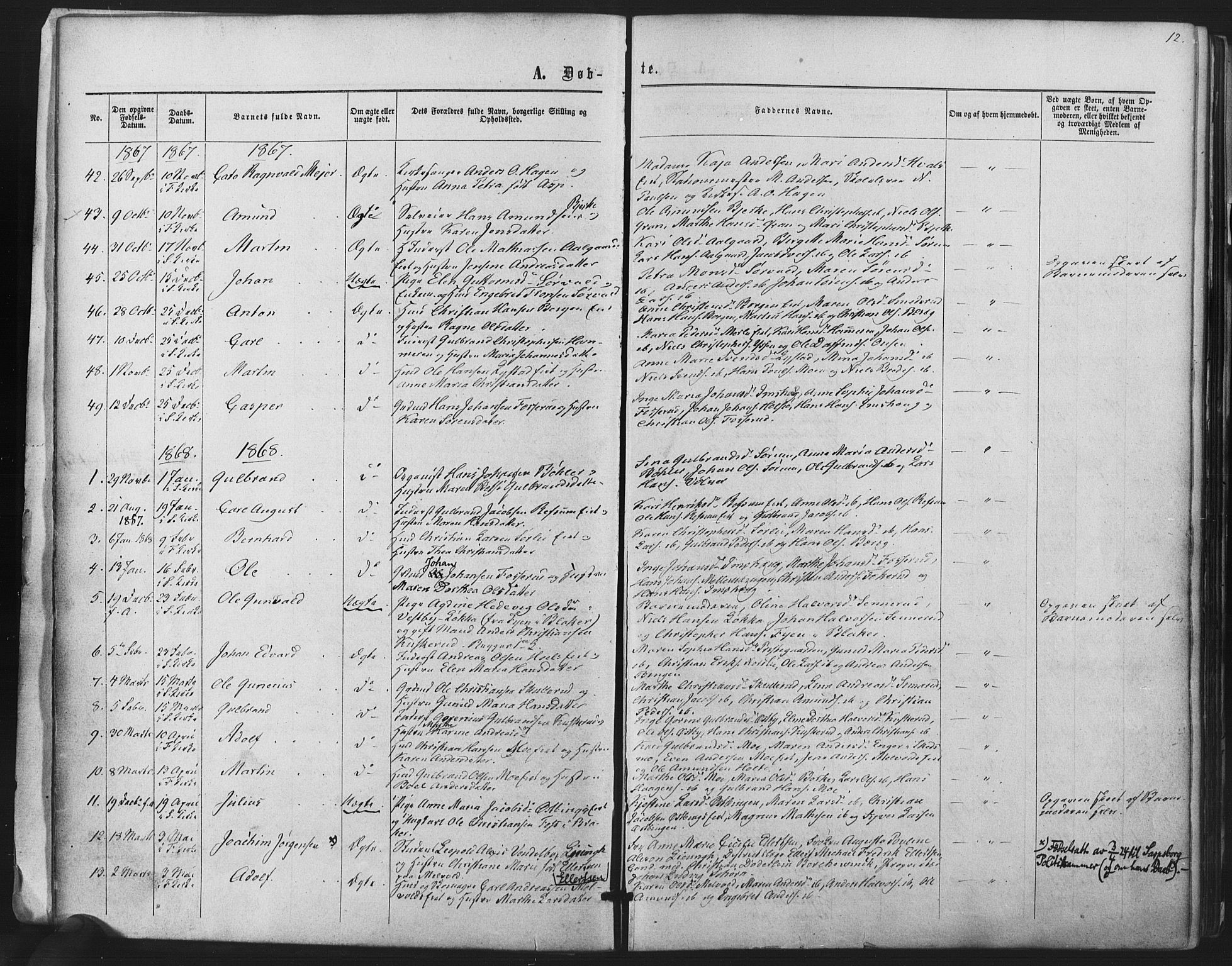 Sørum prestekontor Kirkebøker, SAO/A-10303/F/Fa/L0006: Parish register (official) no. I 6, 1864-1877, p. 12