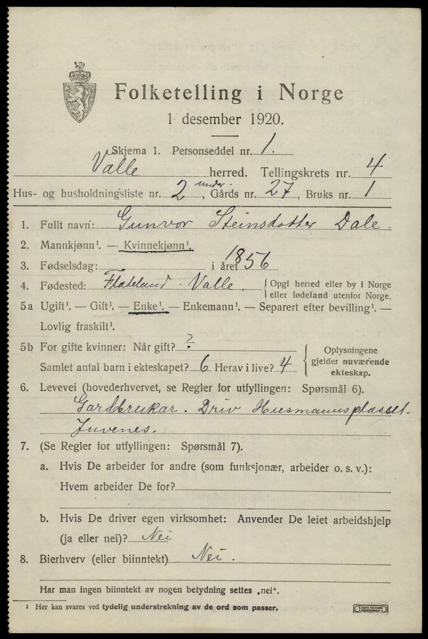 SAK, 1920 census for Valle, 1920, p. 2001