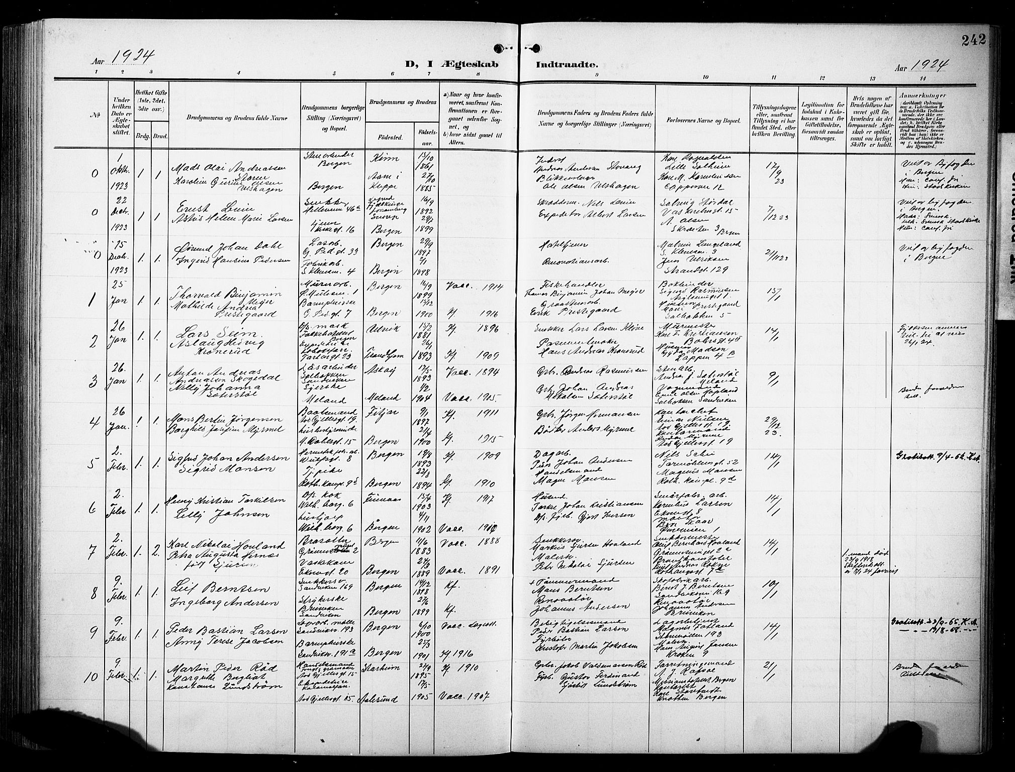 Sandviken Sokneprestembete, AV/SAB-A-77601/H/Hb/L0014: Parish register (copy) no. D 1, 1902-1929, p. 242