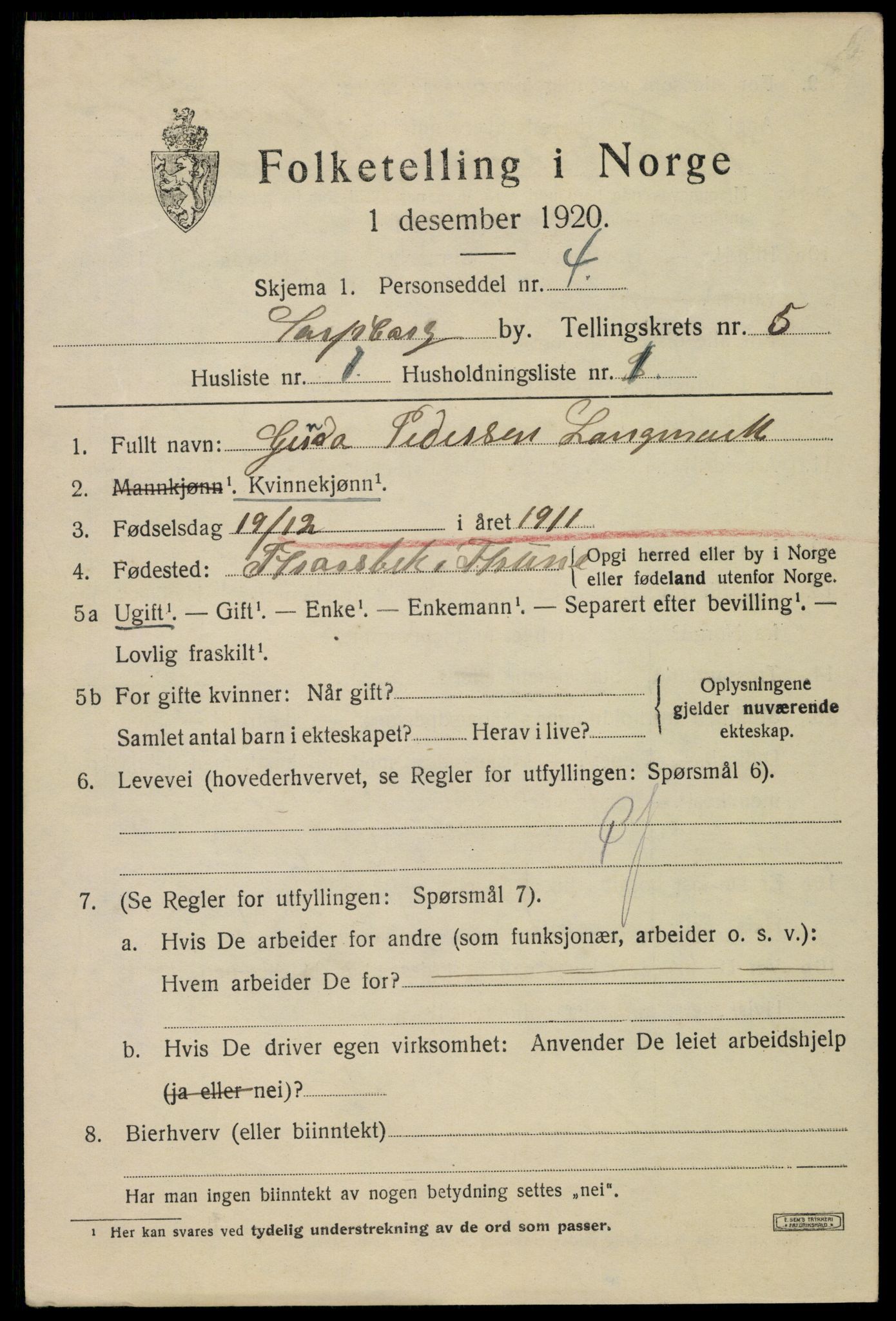 SAO, 1920 census for Sarpsborg, 1920, p. 13434